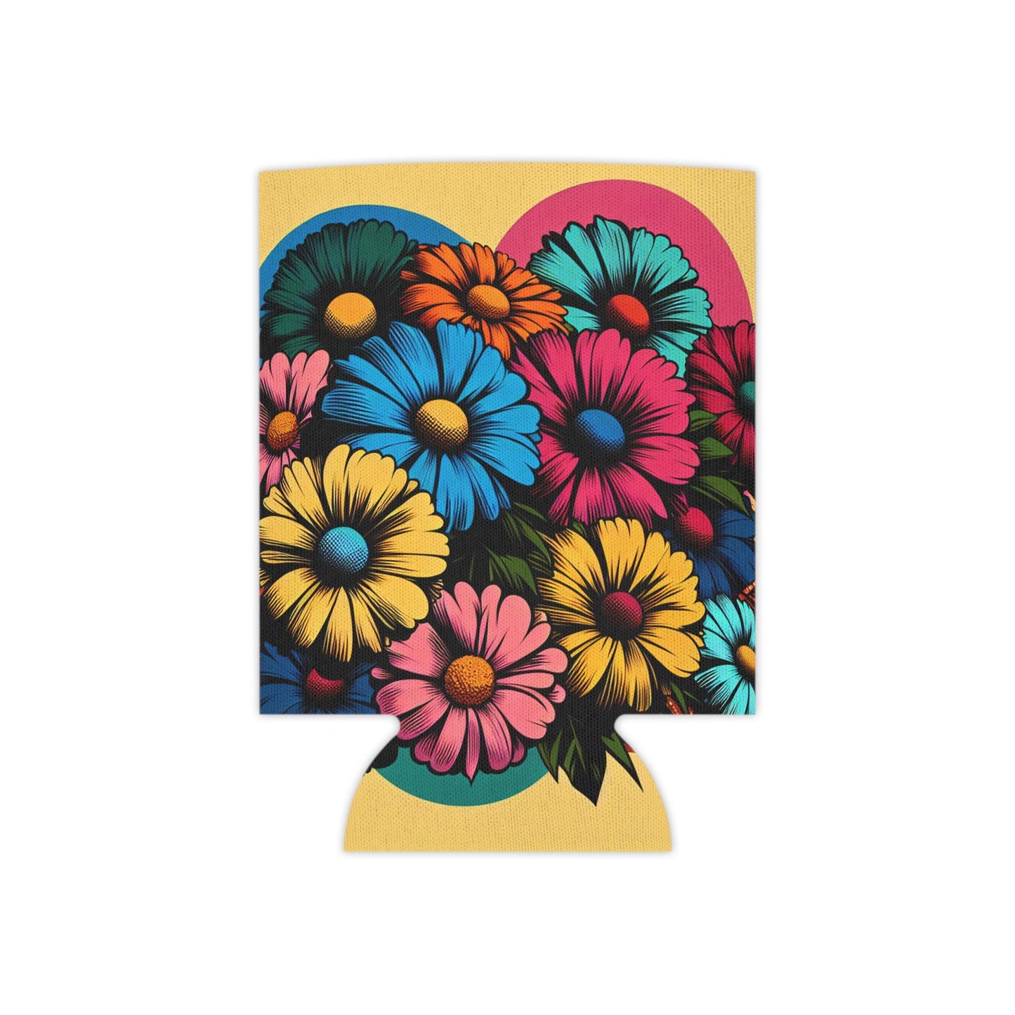 Pop Art Floral Can Cooler: Retro Flower Beverage Insulator