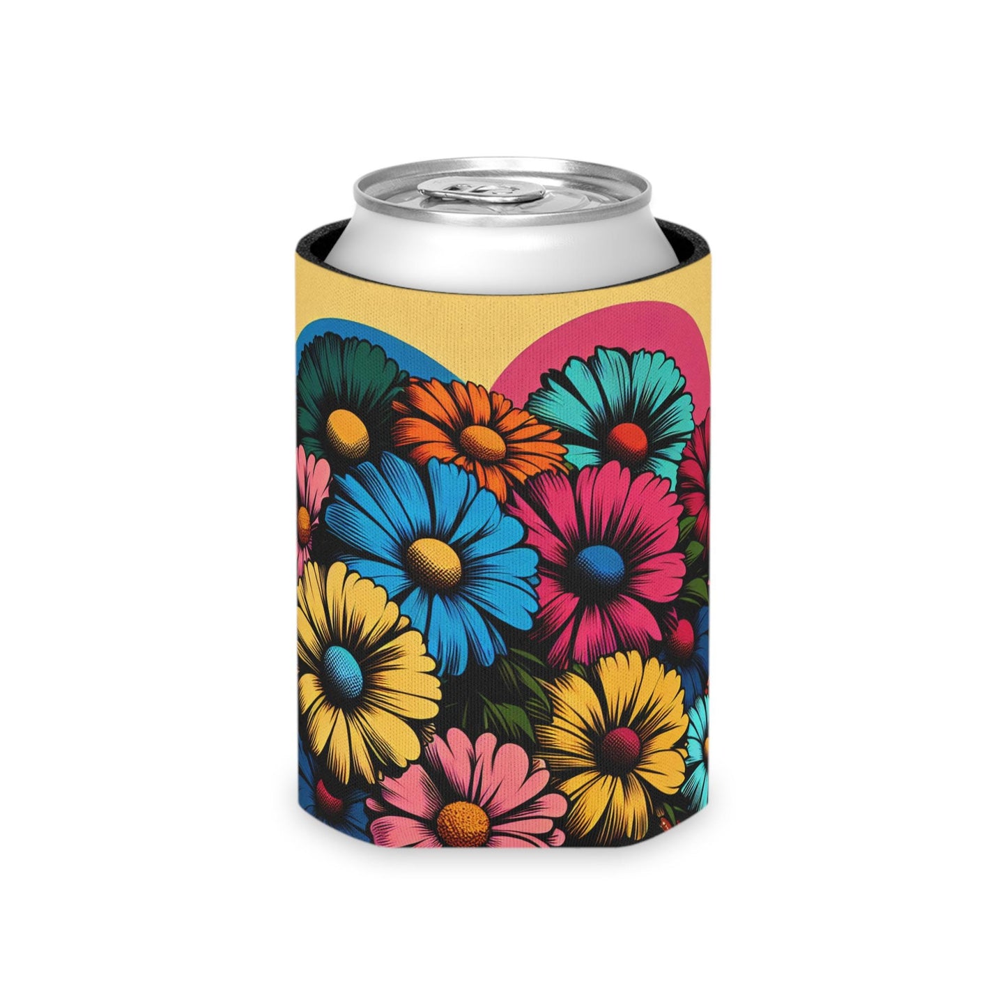 Pop Art Floral Can Cooler: Retro Flower Beverage Insulator
