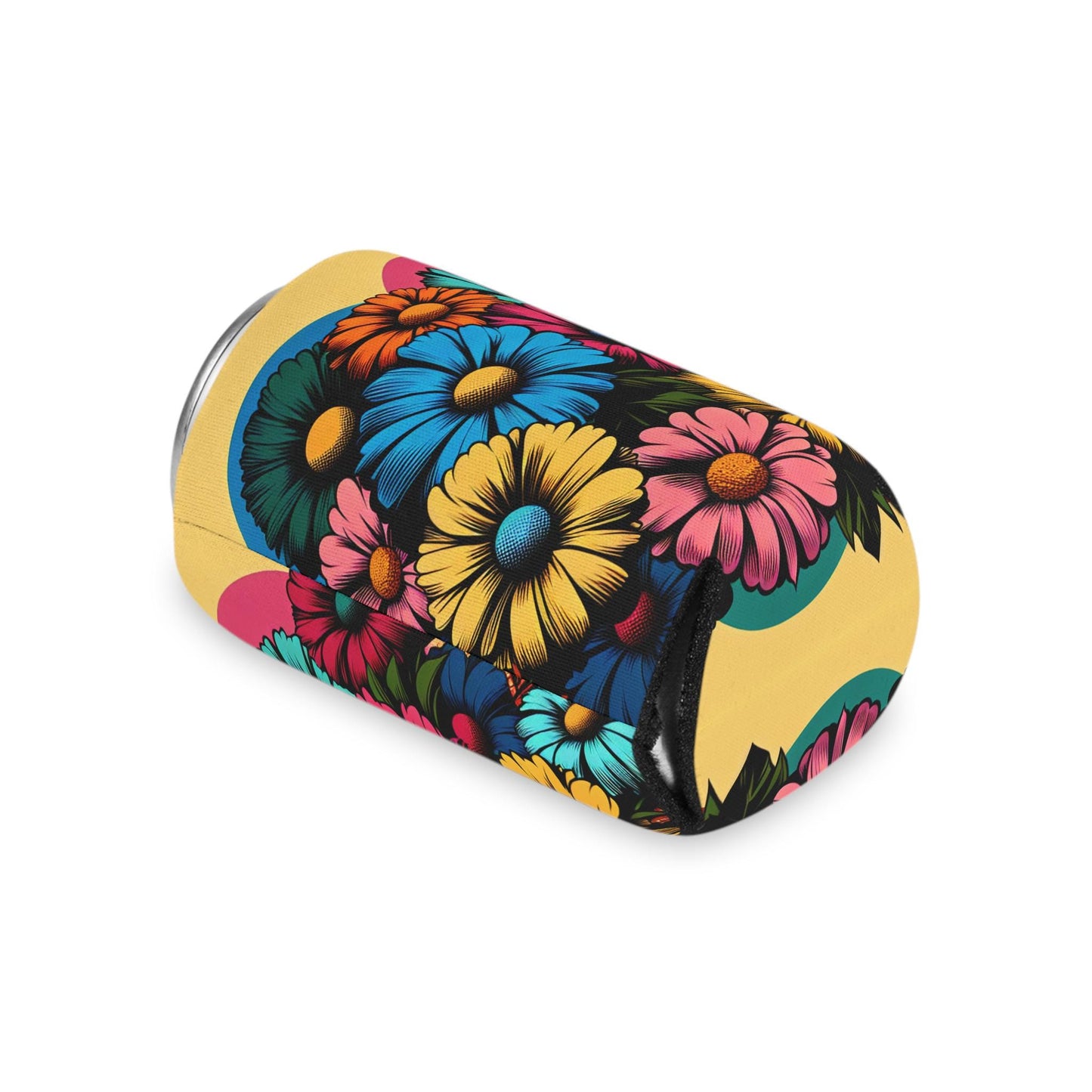 Pop Art Floral Can Cooler: Retro Flower Beverage Insulator