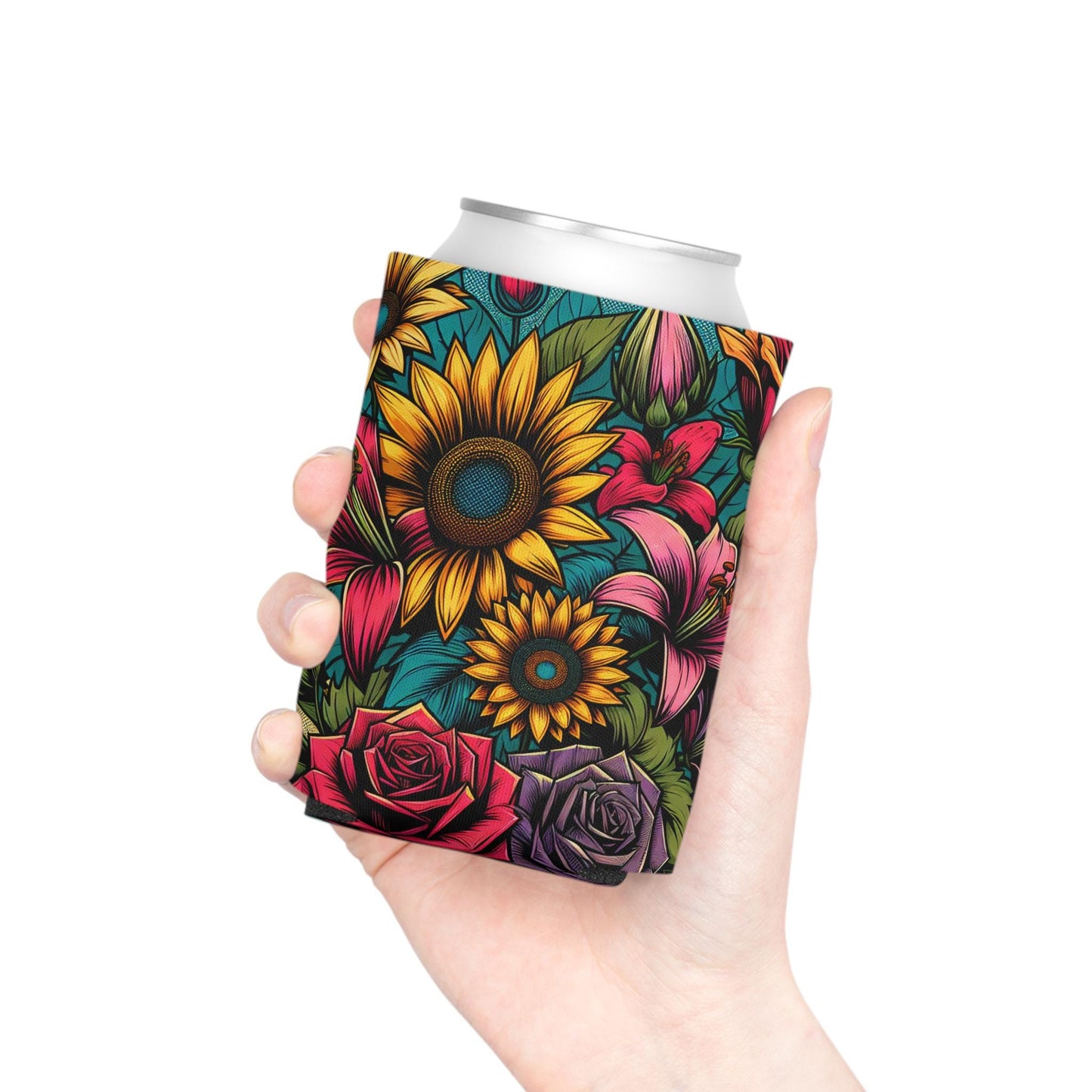 Floral Comic Book Can Cooler: Retro Pop Art Drink Sleeve