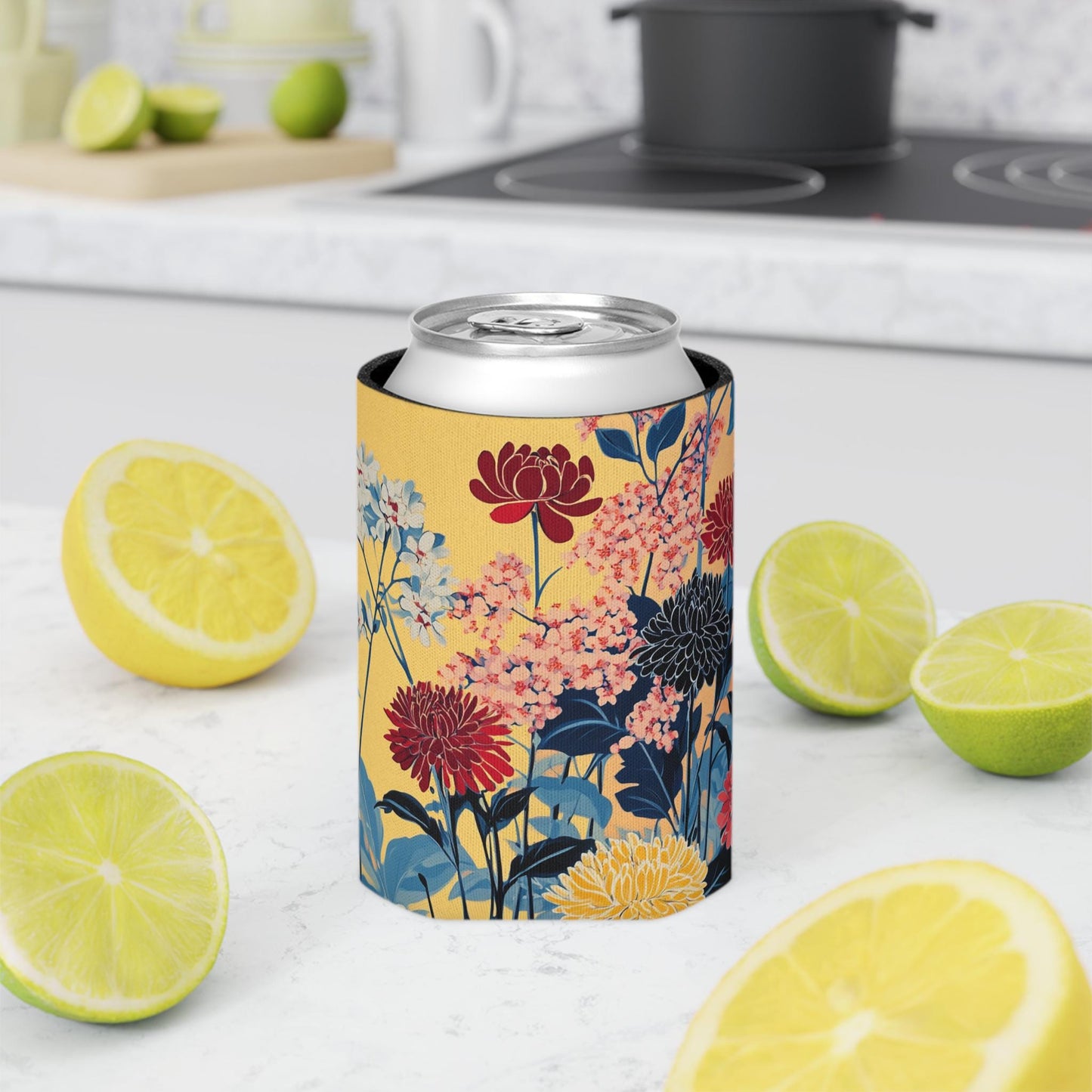 Floral Can Cooler: Yellow & Blue Botanical Drink Sleeve