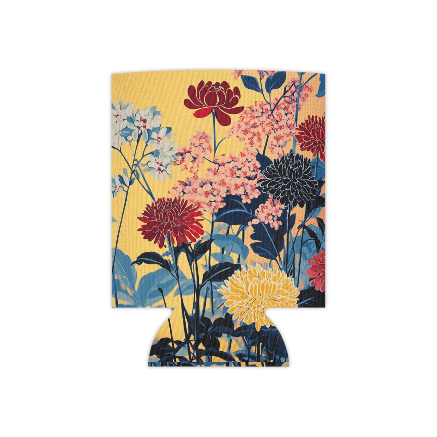 Floral Can Cooler: Yellow & Blue Botanical Drink Sleeve