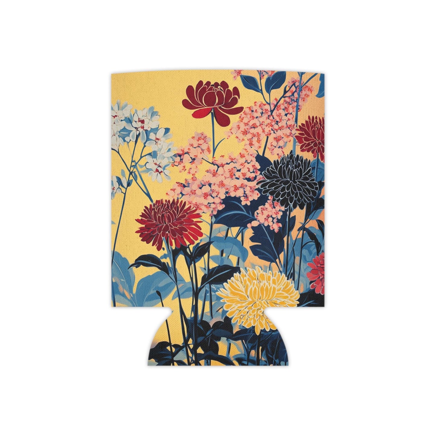 Floral Can Cooler: Yellow & Blue Botanical Drink Sleeve