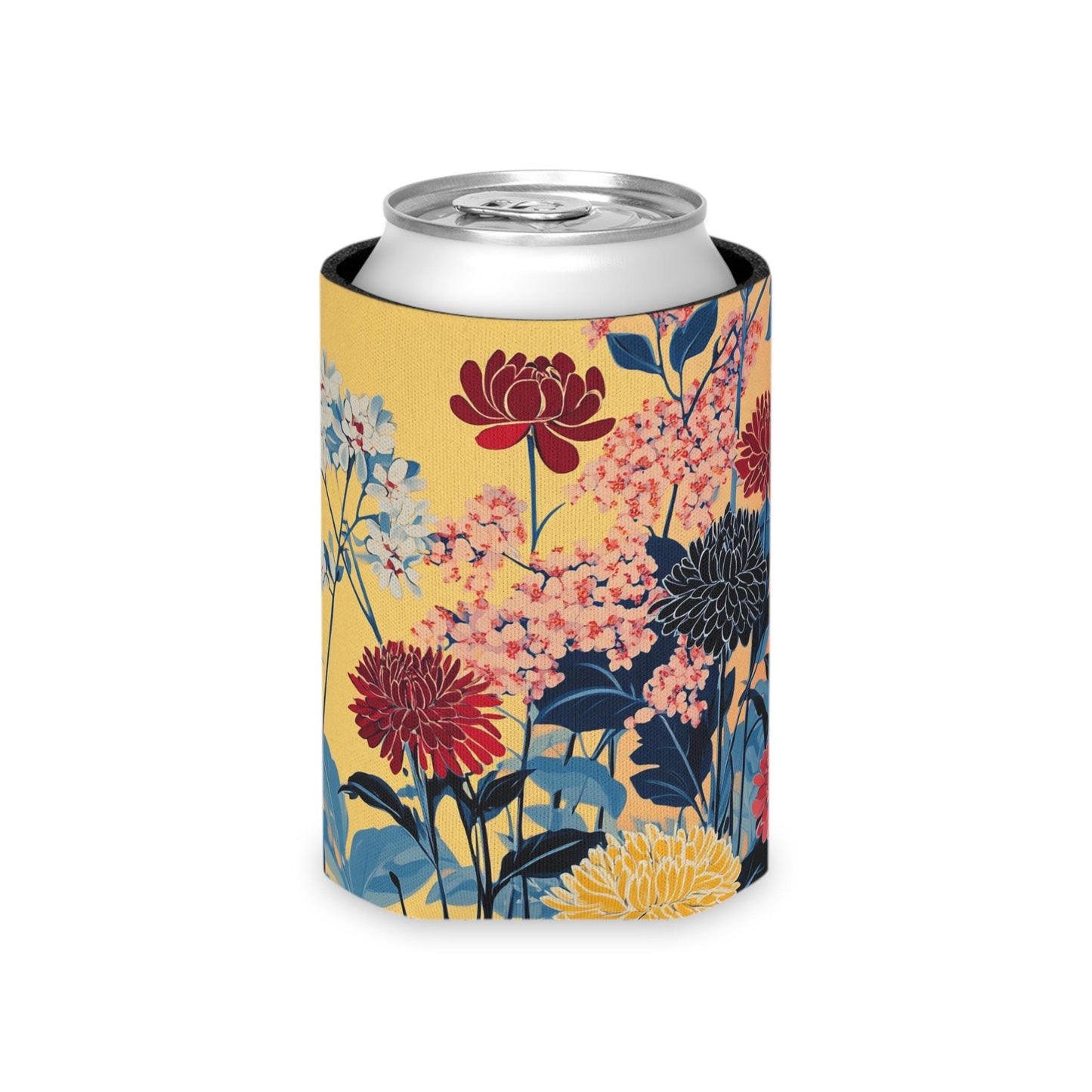 Floral Can Cooler: Yellow & Blue Botanical Drink Sleeve