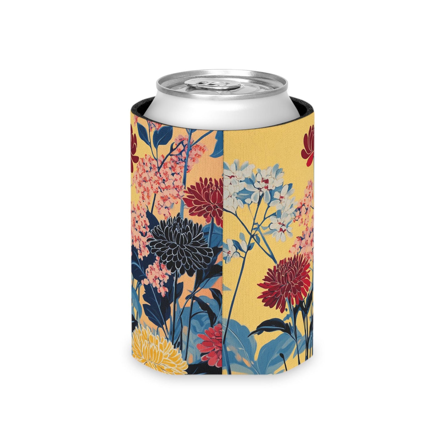 Floral Can Cooler: Yellow & Blue Botanical Drink Sleeve