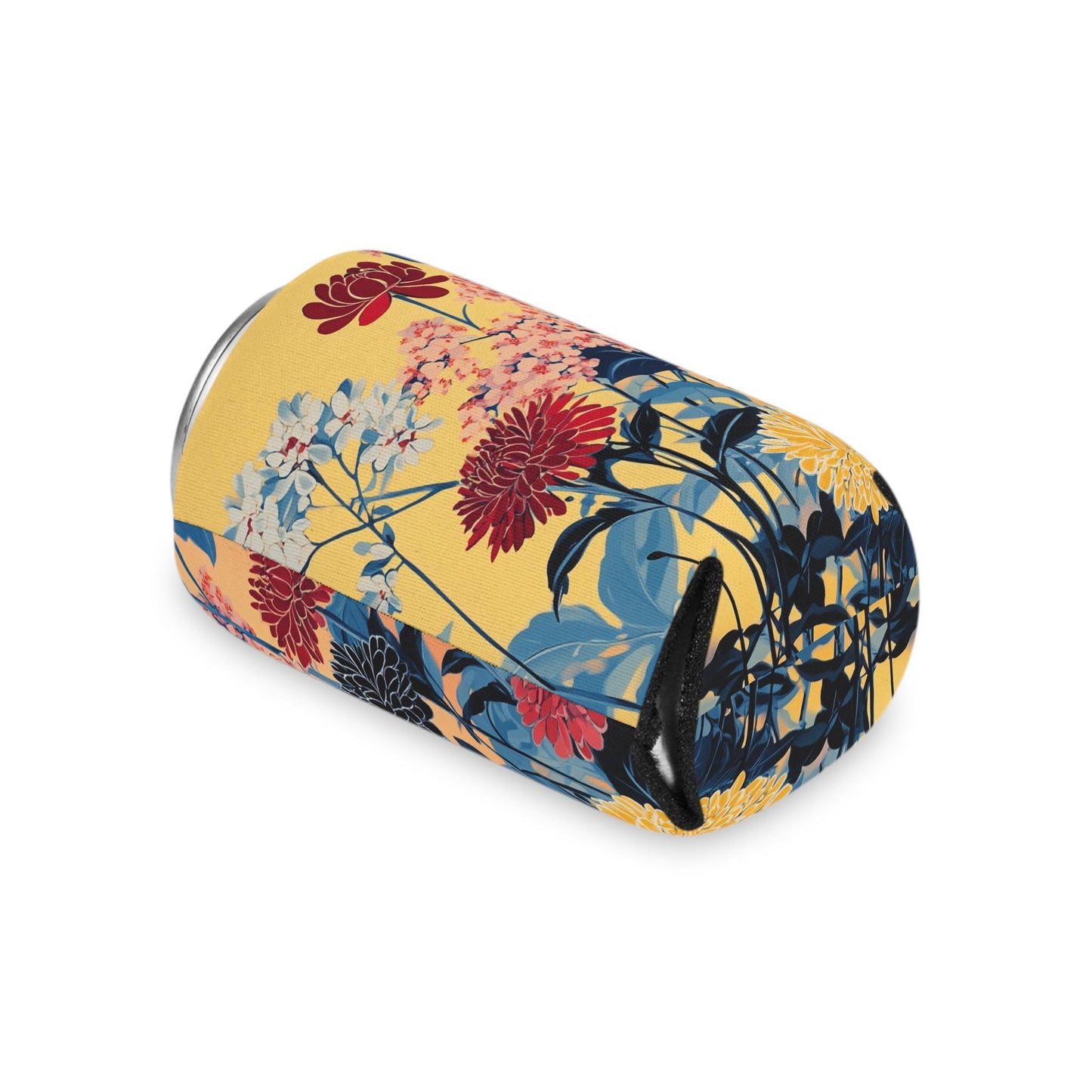 Floral Can Cooler: Yellow & Blue Botanical Drink Sleeve
