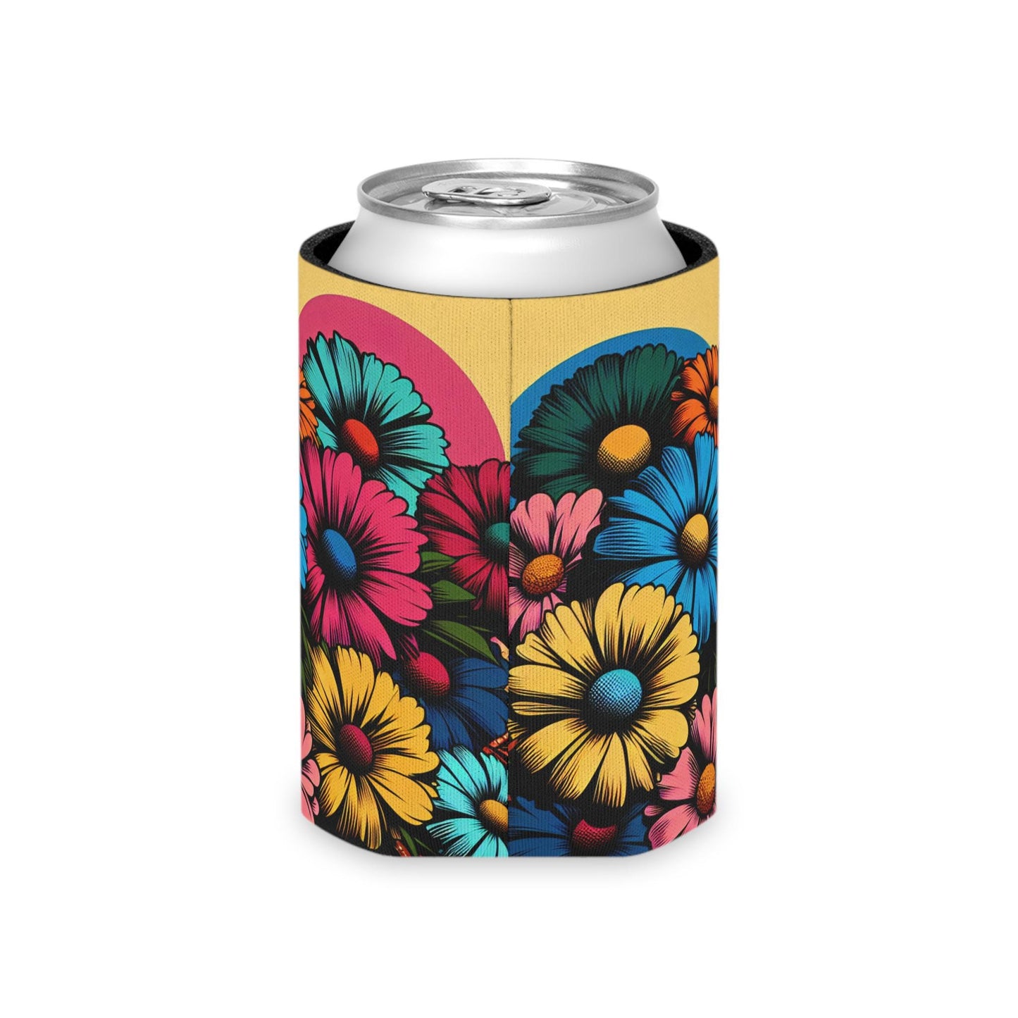 Pop Art Floral Can Cooler: Retro Flower Beverage Insulator