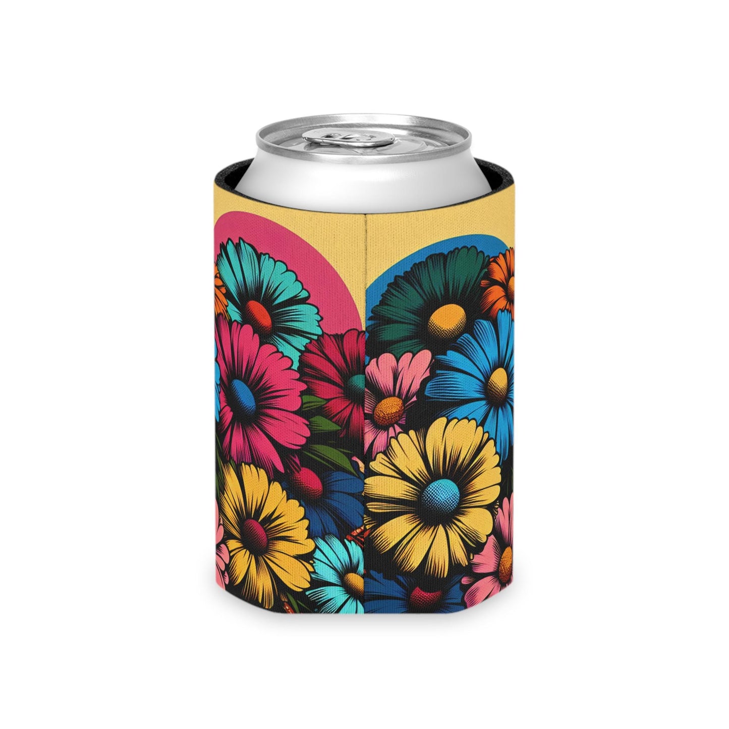 Pop Art Floral Can Cooler: Retro Flower Beverage Insulator