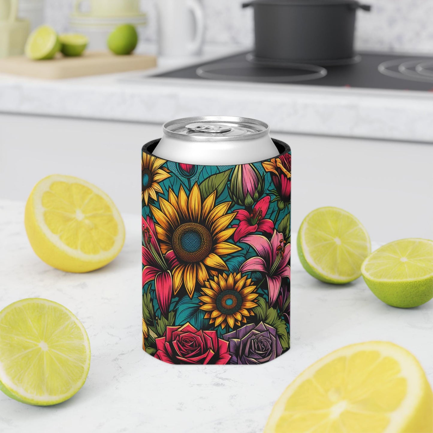 Floral Comic Book Can Cooler: Retro Pop Art Drink Sleeve