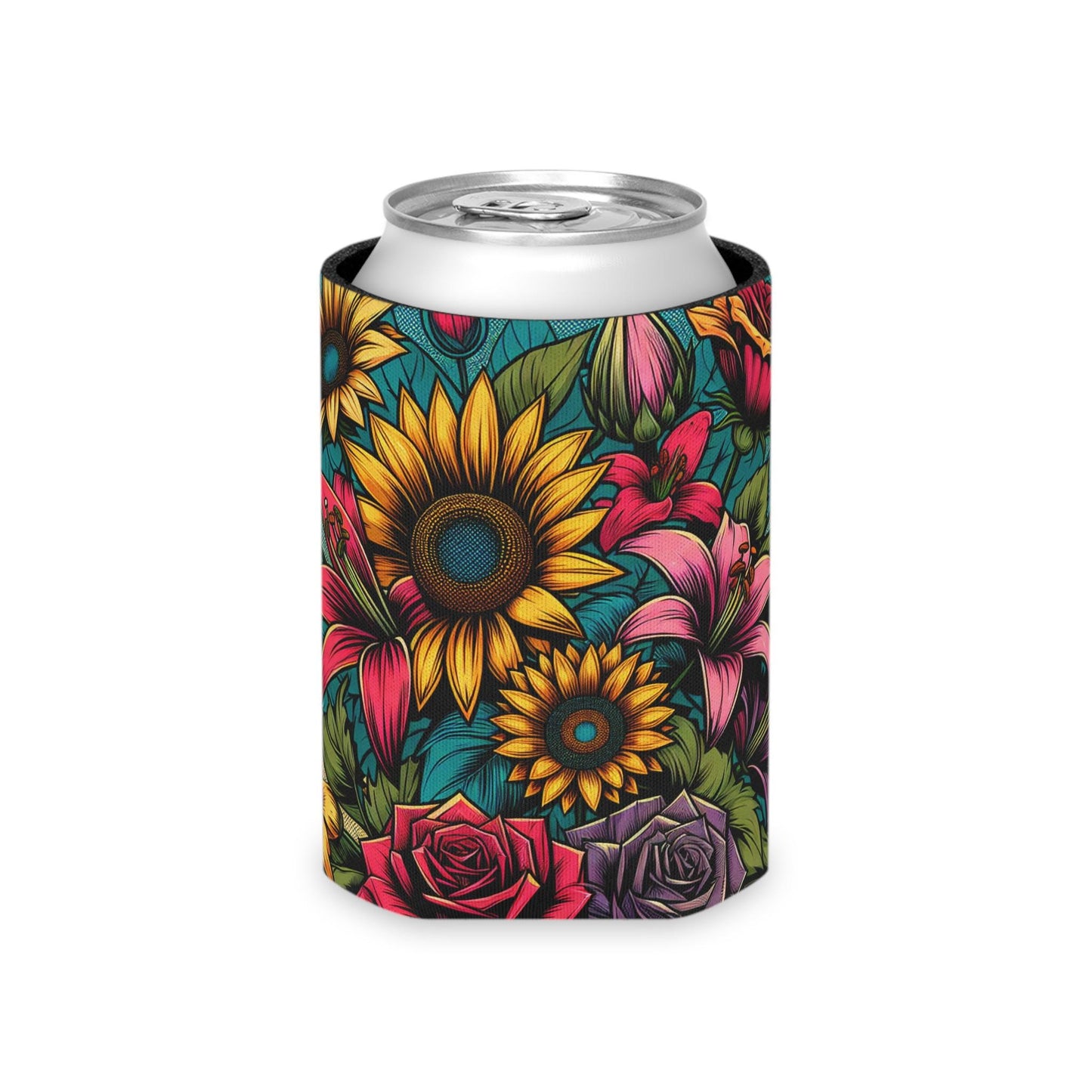 Floral Comic Book Can Cooler: Retro Pop Art Drink Sleeve