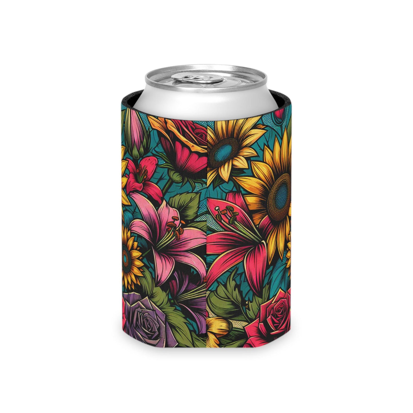 Floral Comic Book Can Cooler: Retro Pop Art Drink Sleeve