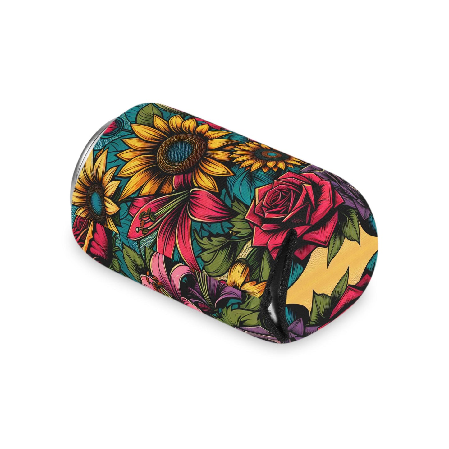 Floral Comic Book Can Cooler: Retro Pop Art Drink Sleeve
