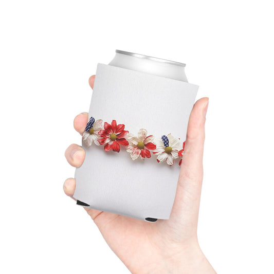 Floral American Flag Can Cooler: Patriotic 4th of July Beverage Sleeve