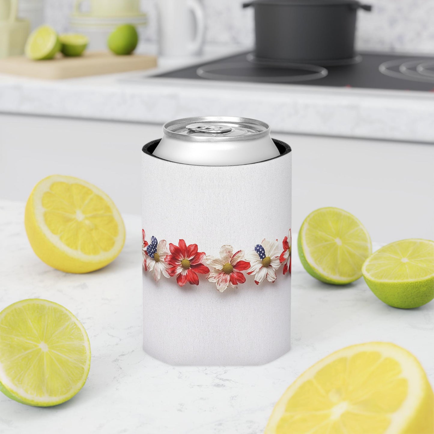 Floral American Flag Can Cooler: Patriotic 4th of July Beverage Sleeve