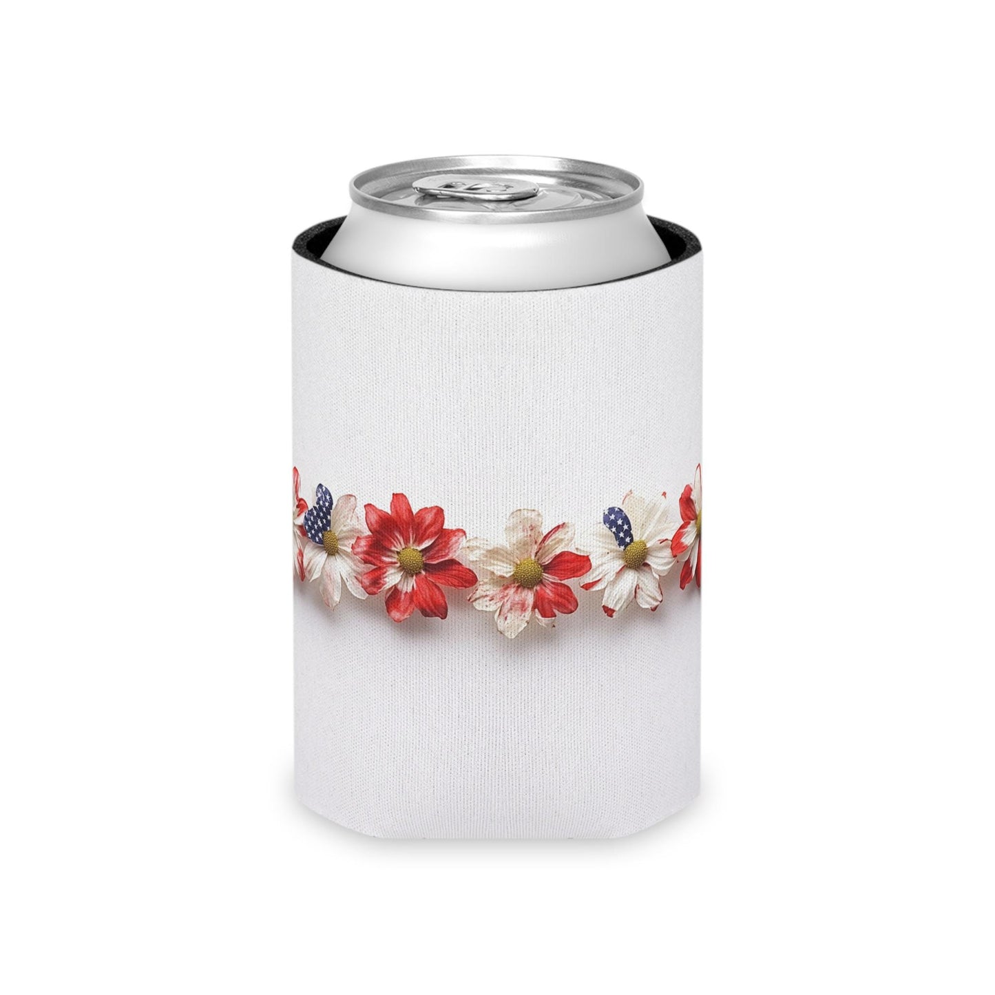 Floral American Flag Can Cooler: Patriotic 4th of July Beverage Sleeve
