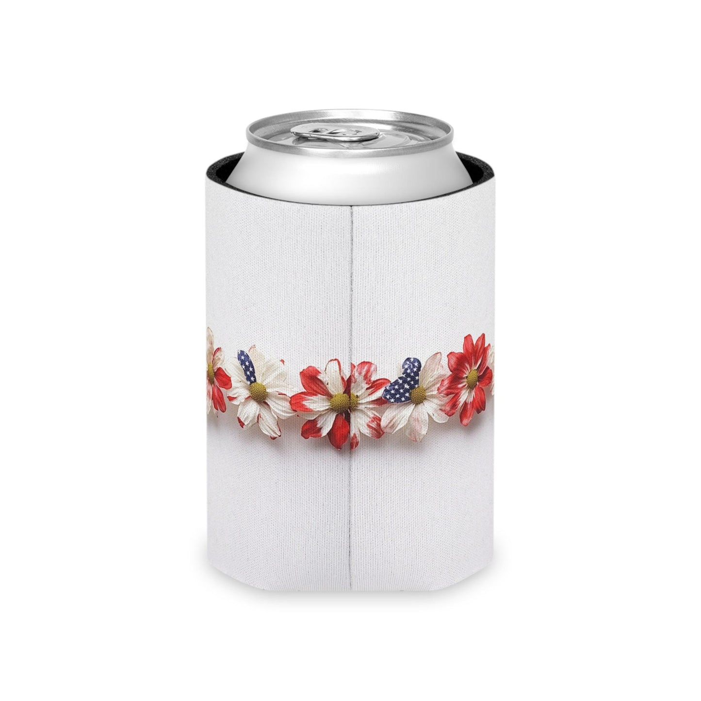 Floral American Flag Can Cooler: Patriotic 4th of July Beverage Sleeve