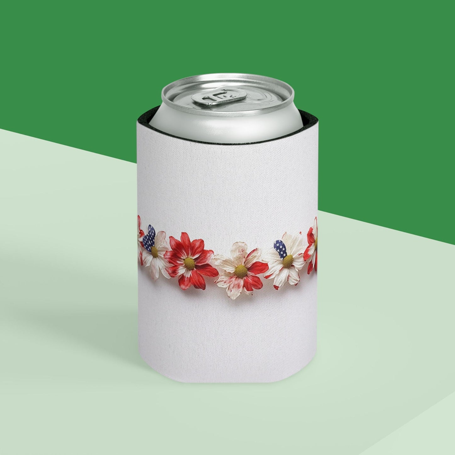 Floral American Flag Can Cooler: Patriotic 4th of July Beverage Sleeve