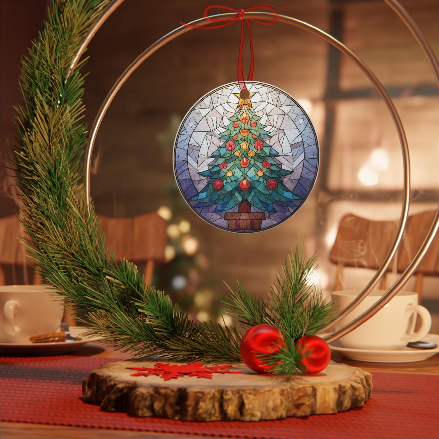 Stained Glass Christmas Tree Metal Ornament | Round Holiday Decoration