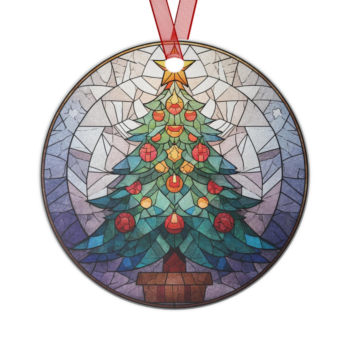 Stained Glass Christmas Tree Metal Ornament | Round Holiday Decoration