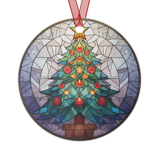 Stained Glass Christmas Tree Metal Ornament | Round Holiday Decoration
