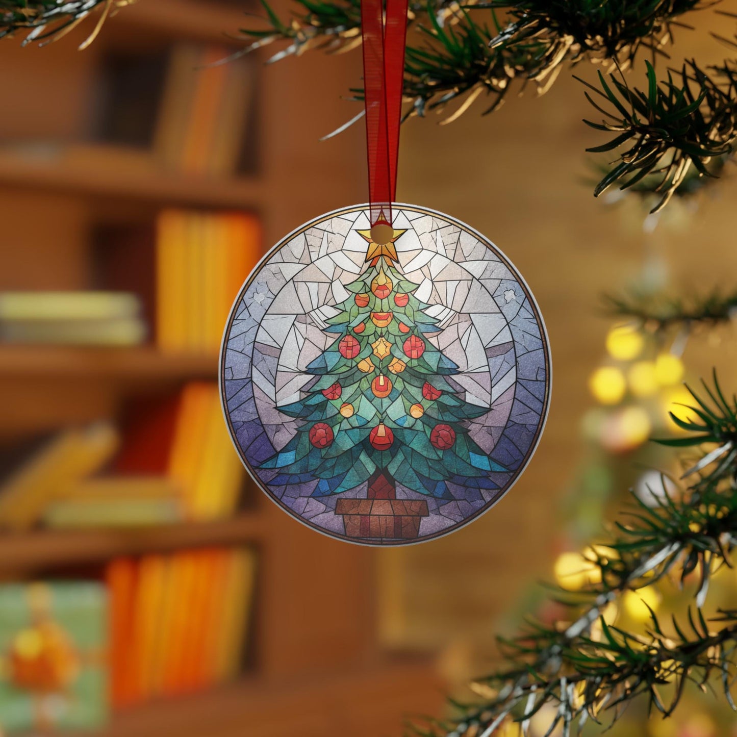 Stained Glass Christmas Tree Metal Ornament | Round Holiday Decoration