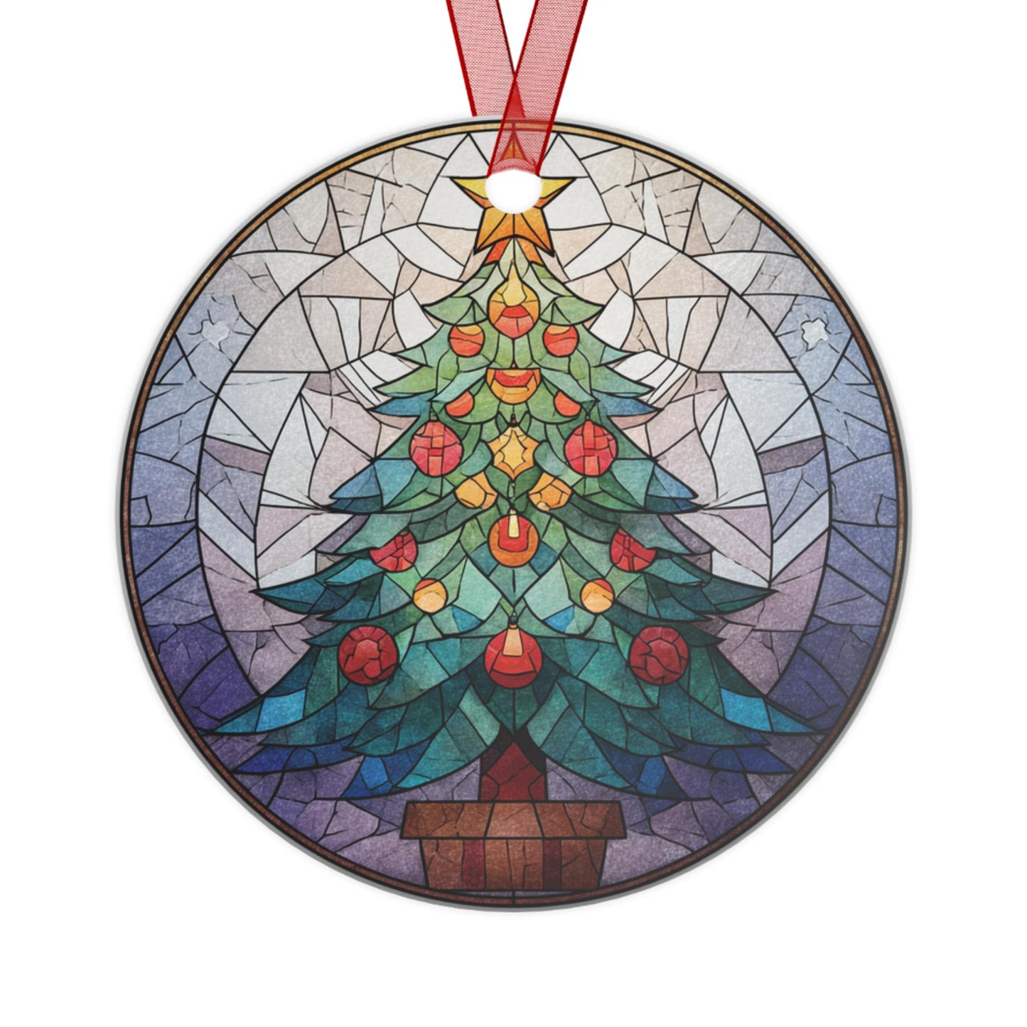 Stained Glass Christmas Tree Metal Ornament | Round Holiday Decoration