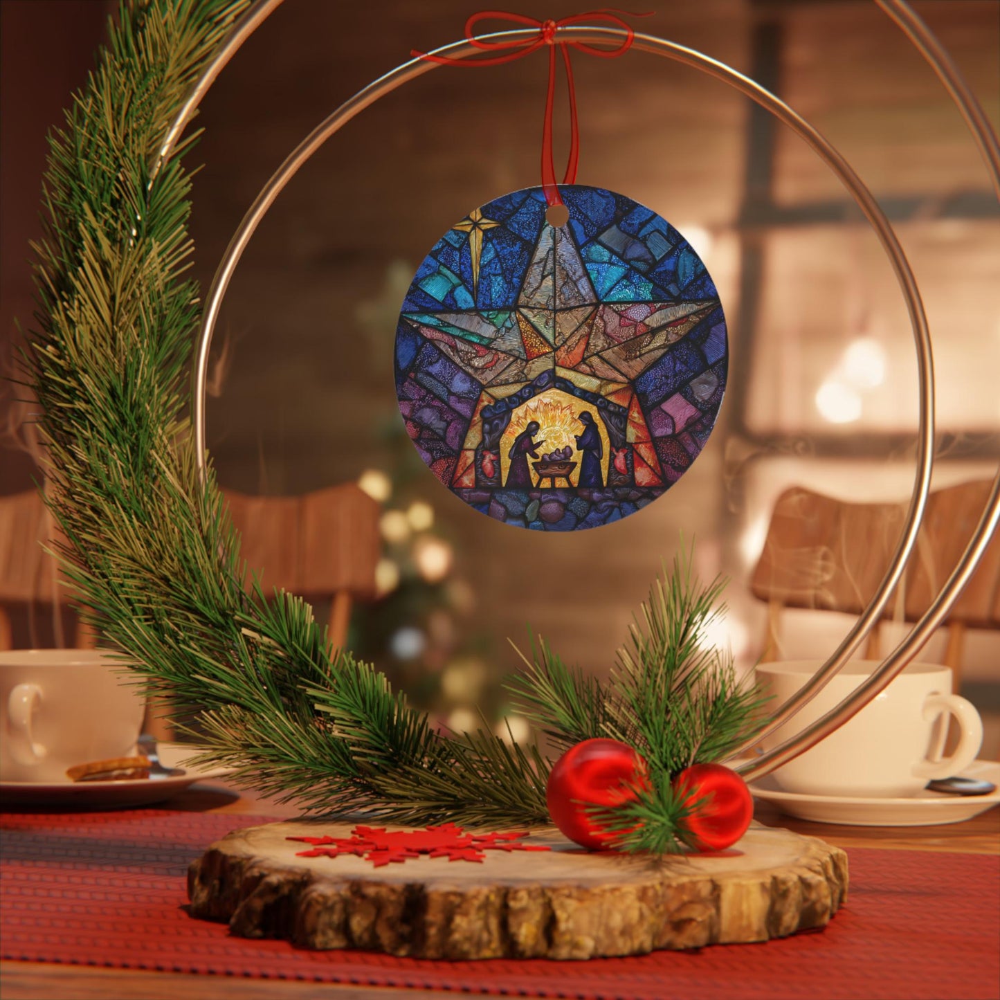 Stained Glass Nativity Metal Ornament | Christmas Hanging Decoration