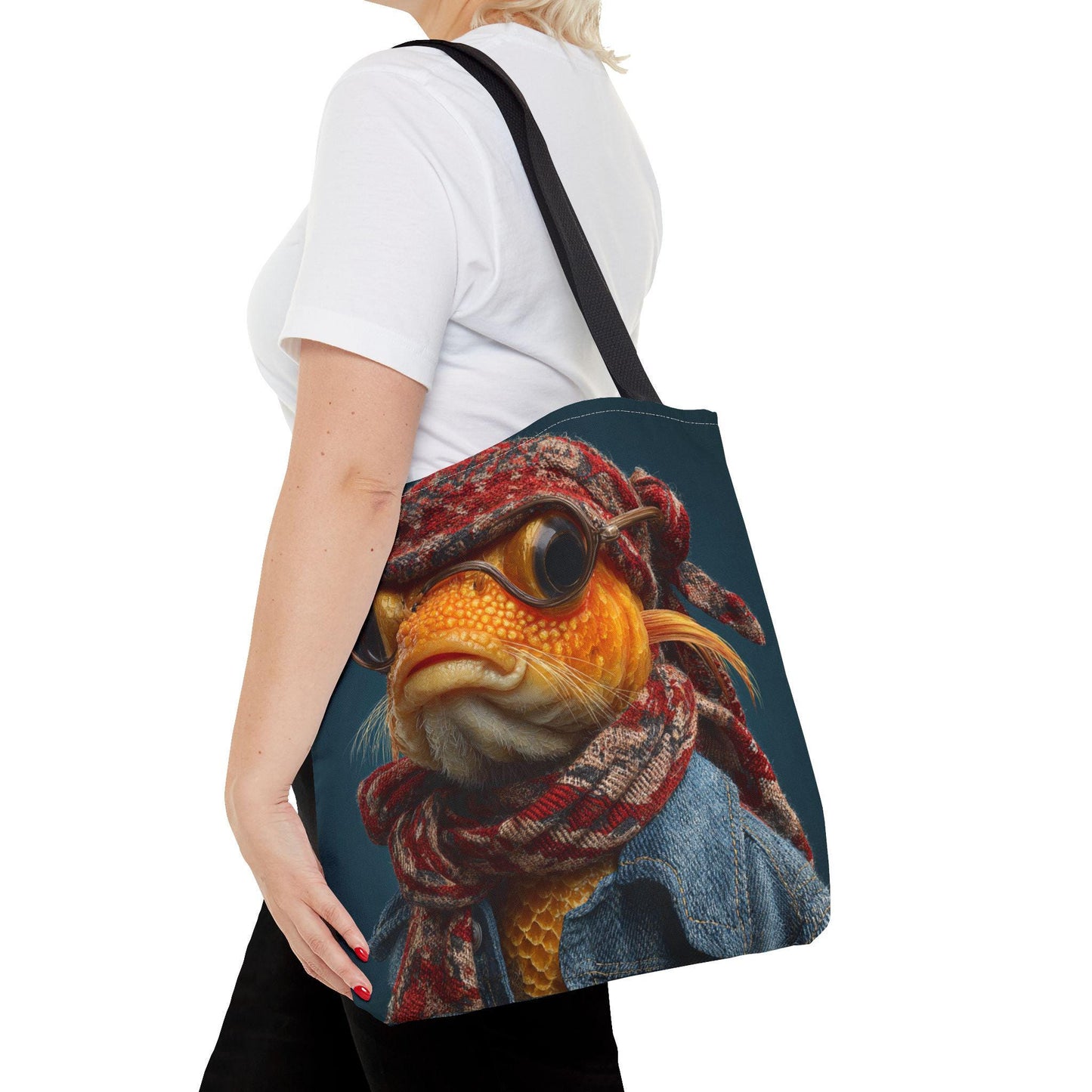 Steampunk Goldfish Portrait Tote Bag | Fish in Goggles and Scarf