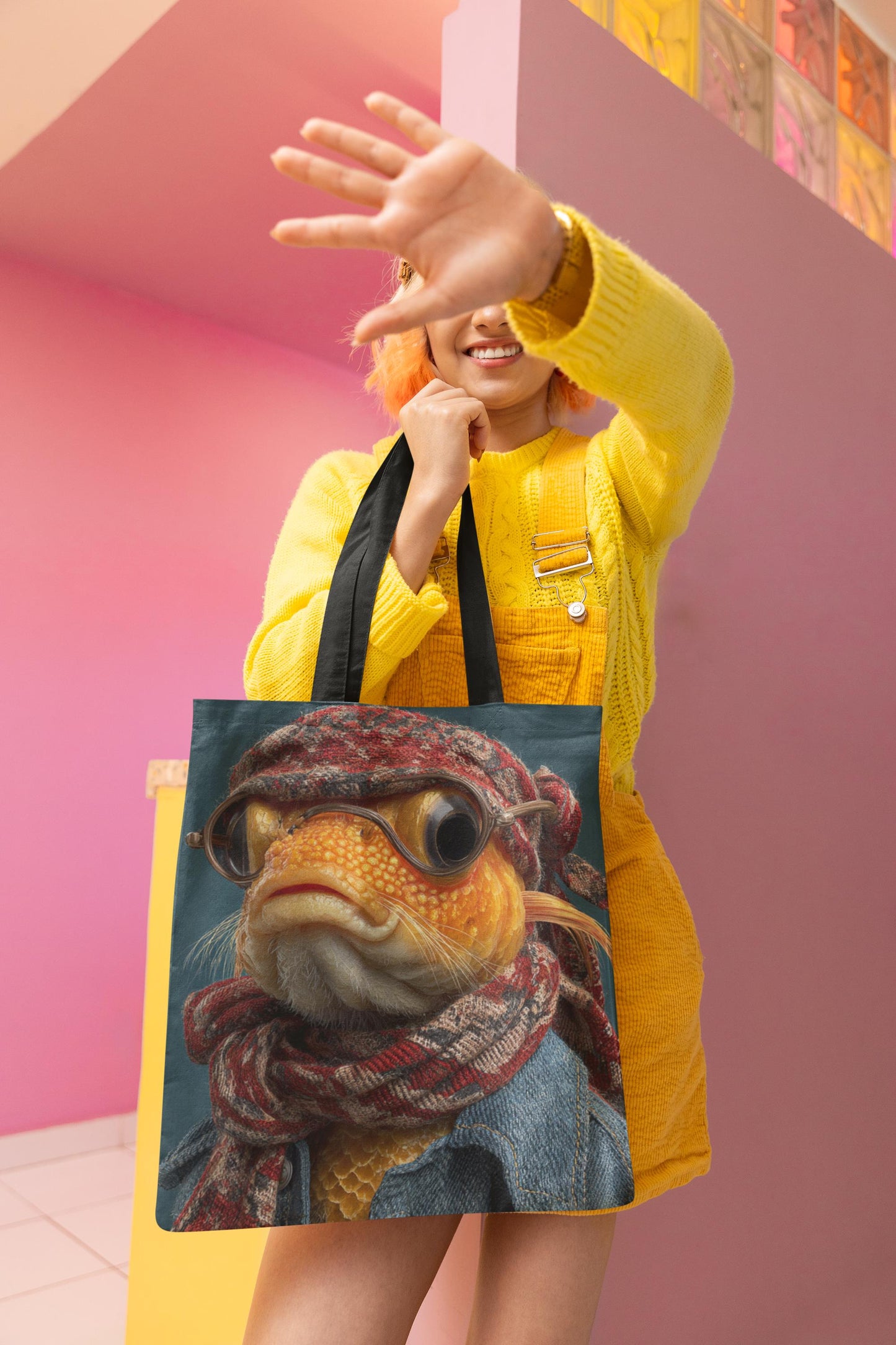Steampunk Goldfish Portrait Tote Bag | Fish in Goggles and Scarf