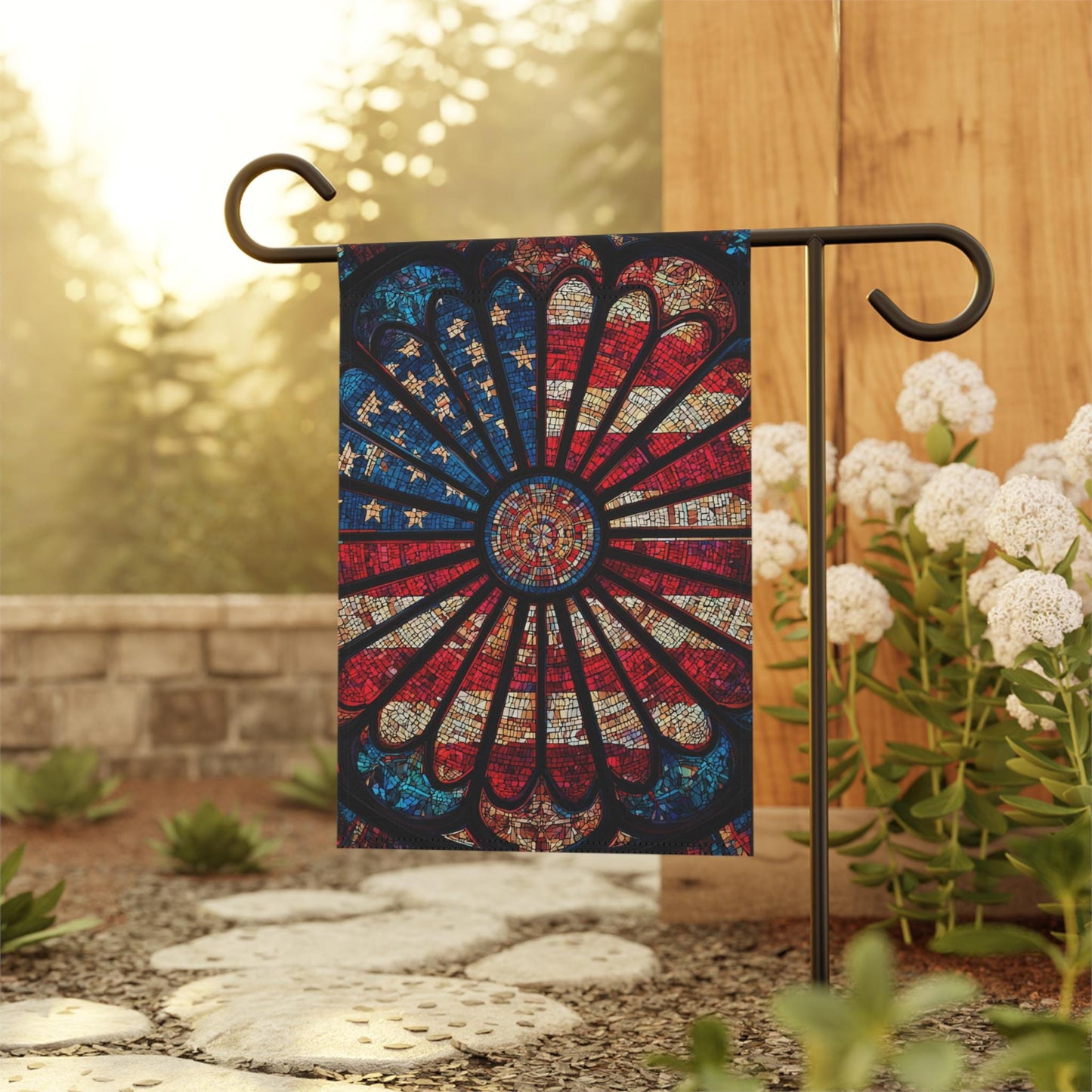 American Flag Stained Glass Sunburst Garden Banner | Patriotic Home Decor