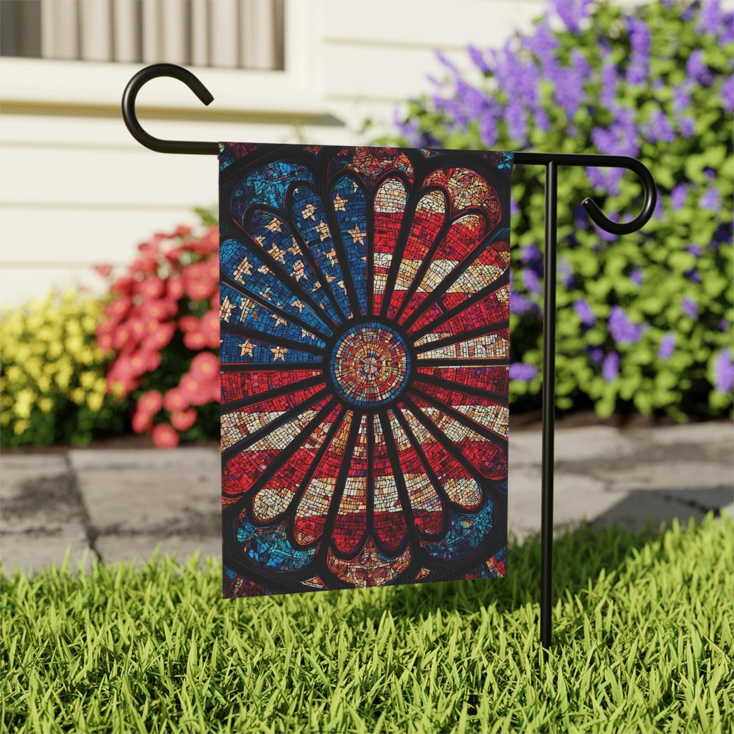 American Flag Stained Glass Sunburst Garden Banner | Patriotic Home Decor