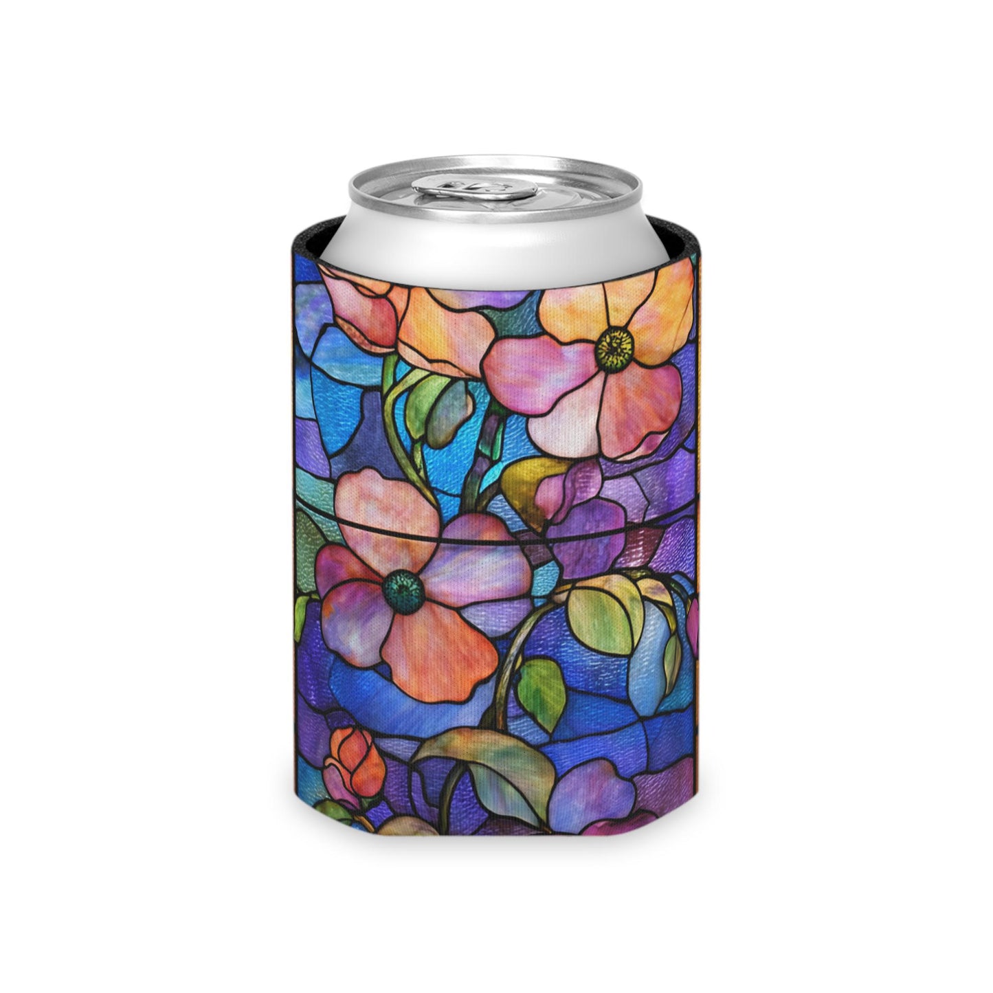 Stained Glass Floral Can Cooler | Artful Flower Pattern Drink Sleeve