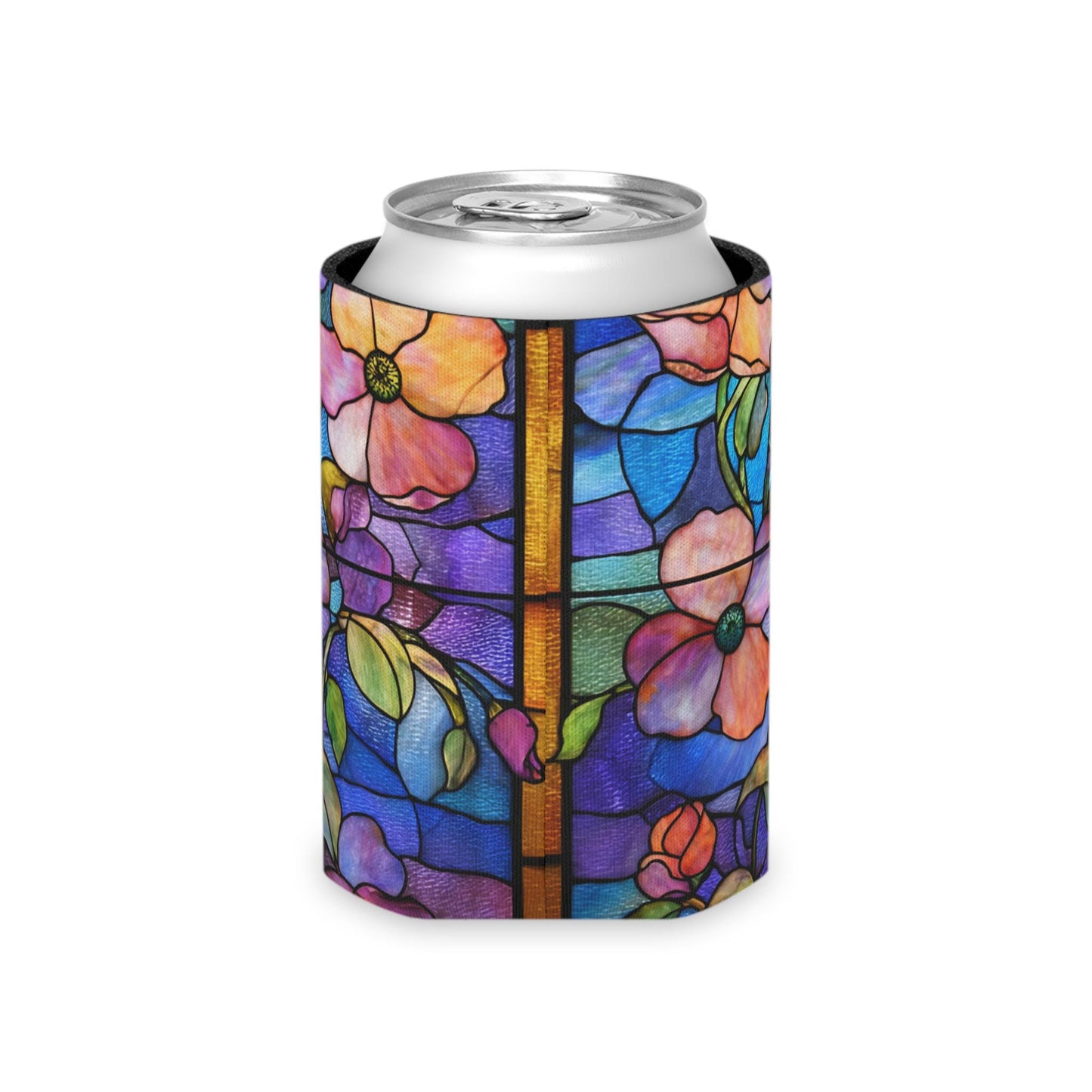 Stained Glass Floral Can Cooler | Artful Flower Pattern Drink Sleeve