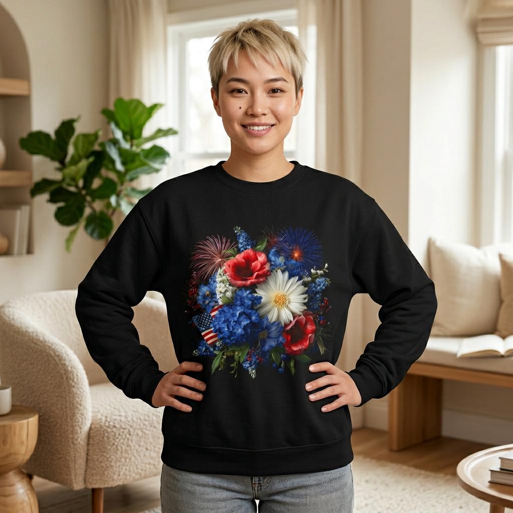 Patriotic Floral Bouquet Sweatshirt | Red White Blue Poppies Daisies