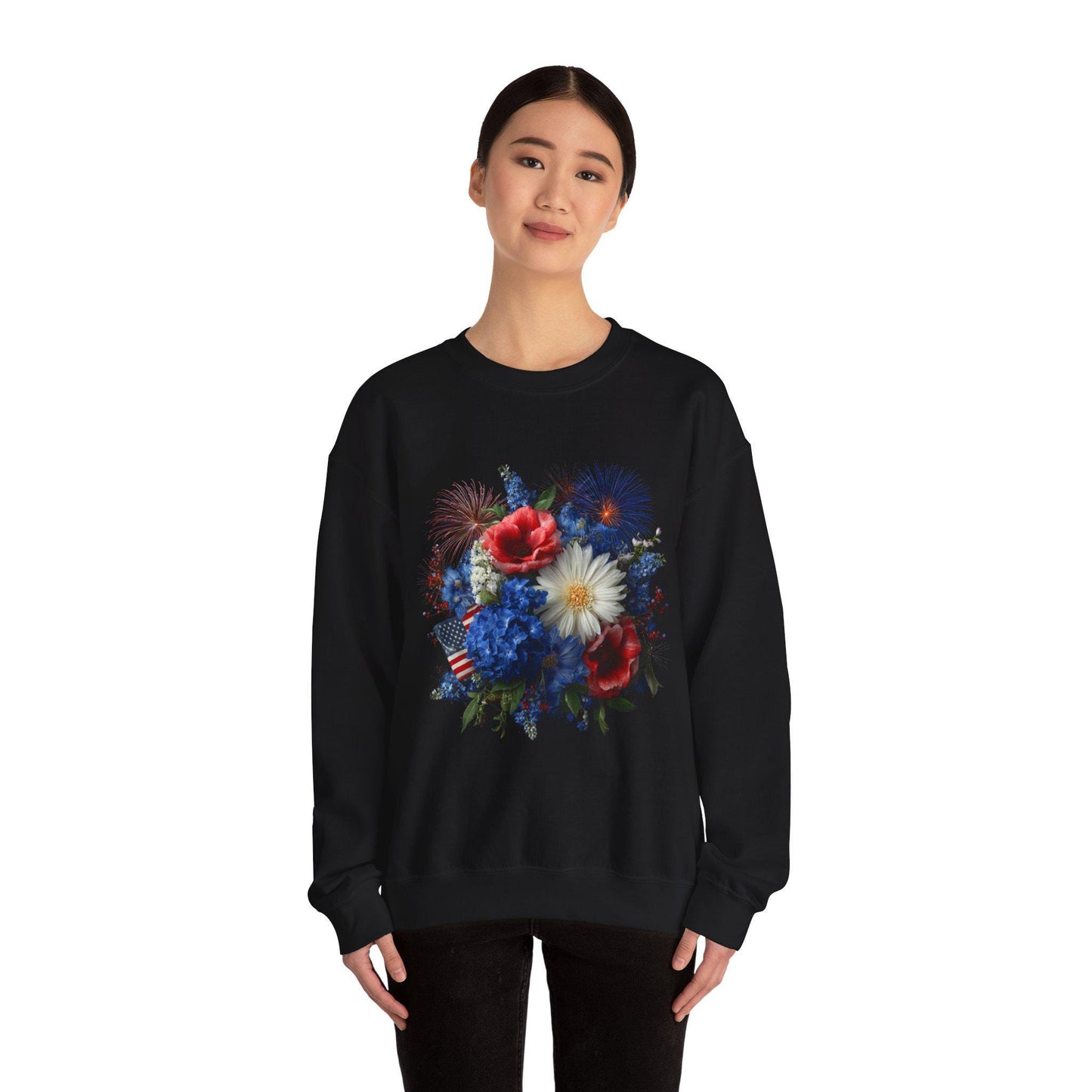 Patriotic Floral Bouquet Sweatshirt | Red White Blue Poppies Daisies