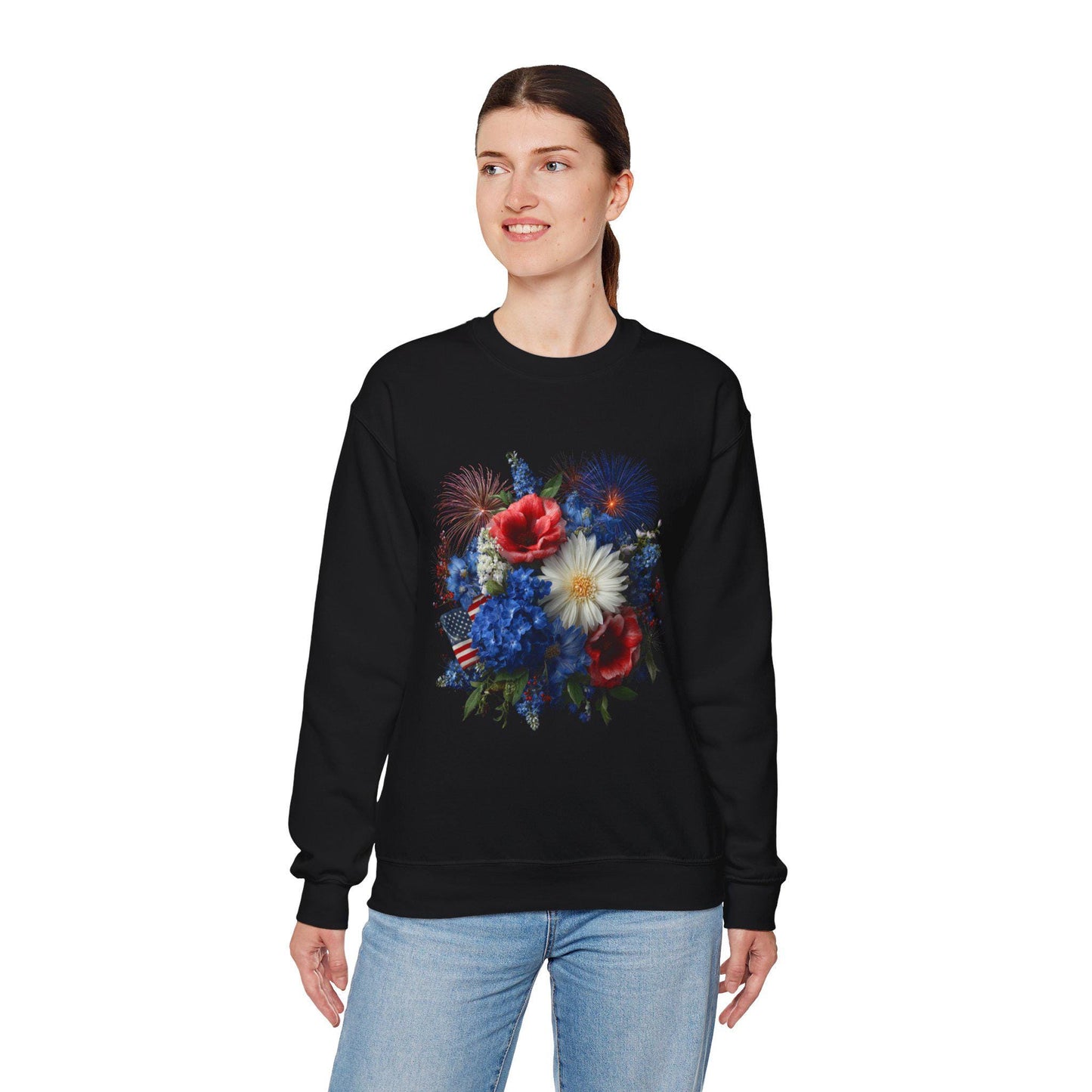 Patriotic Floral Bouquet Sweatshirt | Red White Blue Poppies Daisies