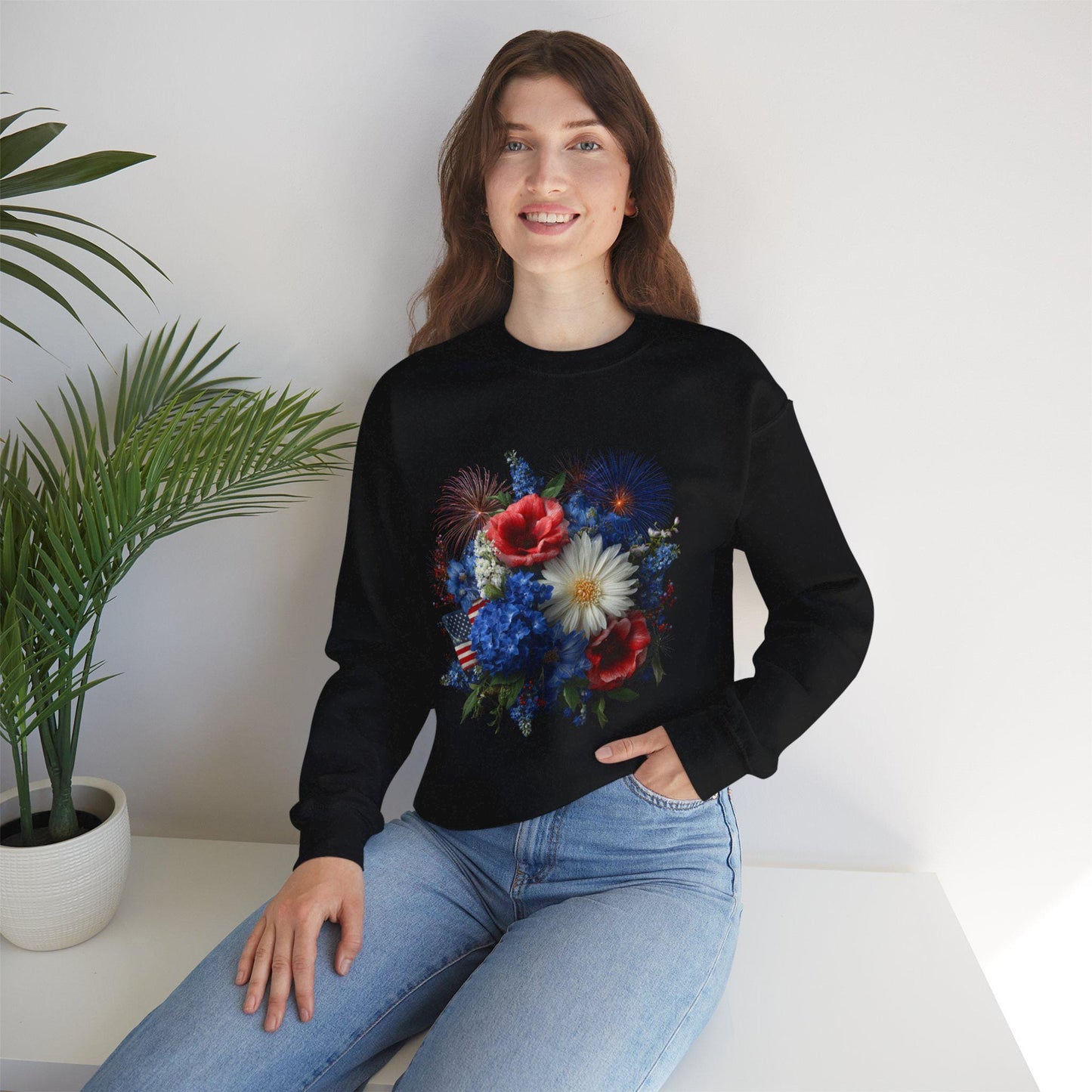 Patriotic Floral Bouquet Sweatshirt | Red White Blue Poppies Daisies