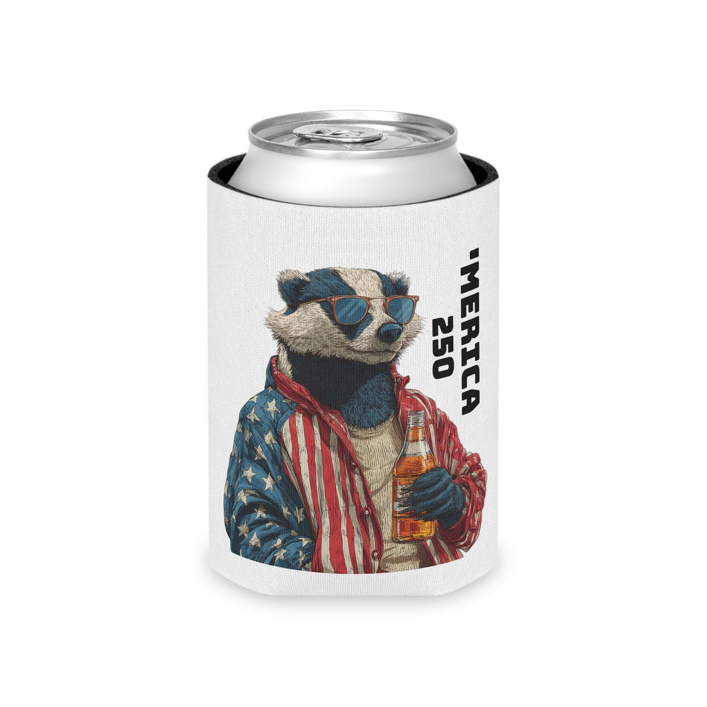 Patriotic Badger Holding Beer Can Cooler | 'Merica 250
