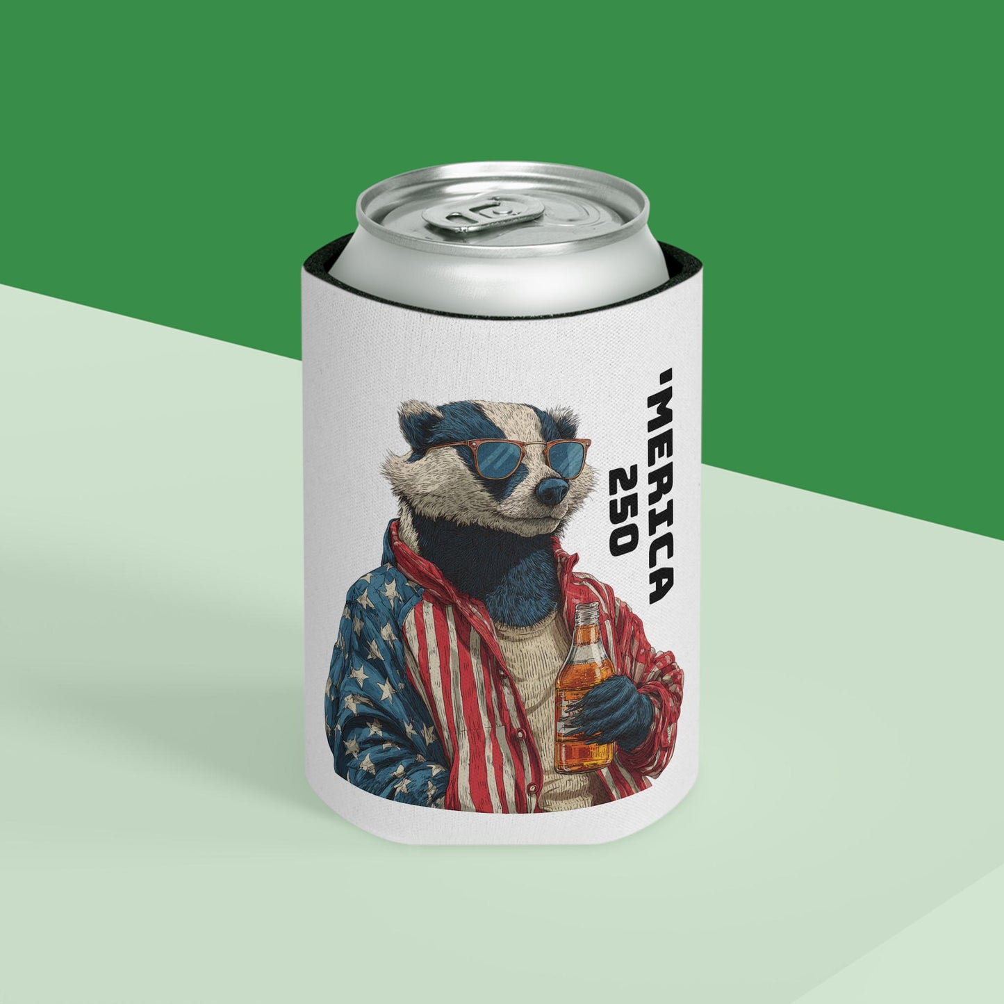 Patriotic Badger Holding Beer Can Cooler | 'Merica 250
