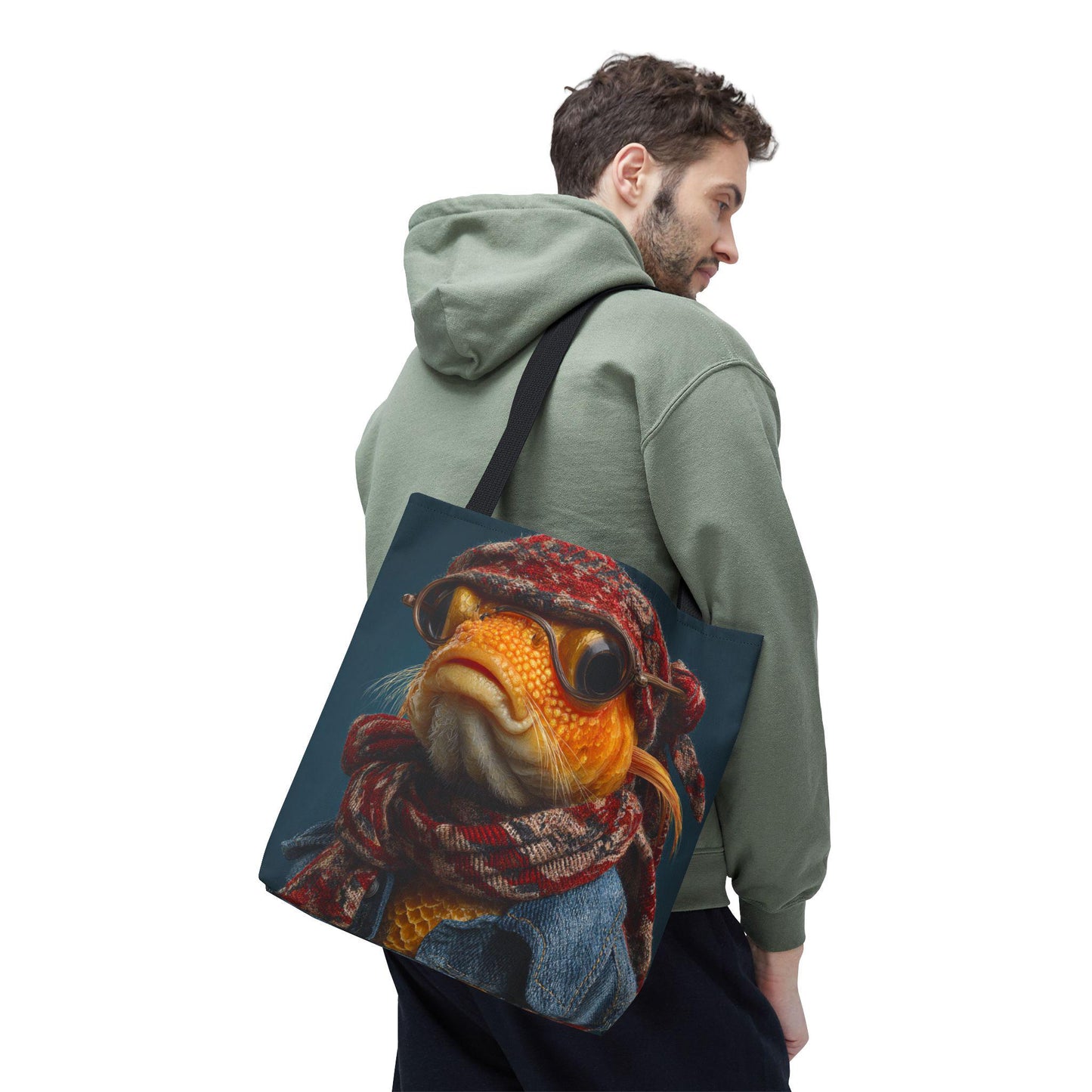 Steampunk Goldfish Portrait Tote Bag | Fish in Goggles and Scarf