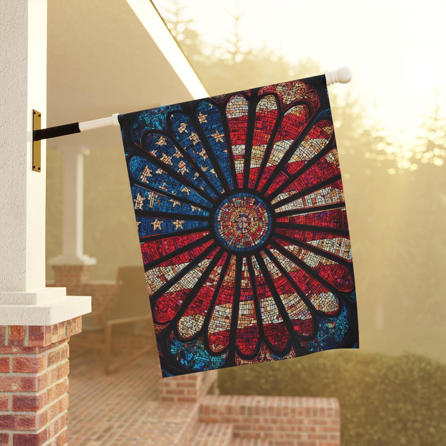 American Flag Stained Glass Sunburst Garden Banner | Patriotic Home Decor