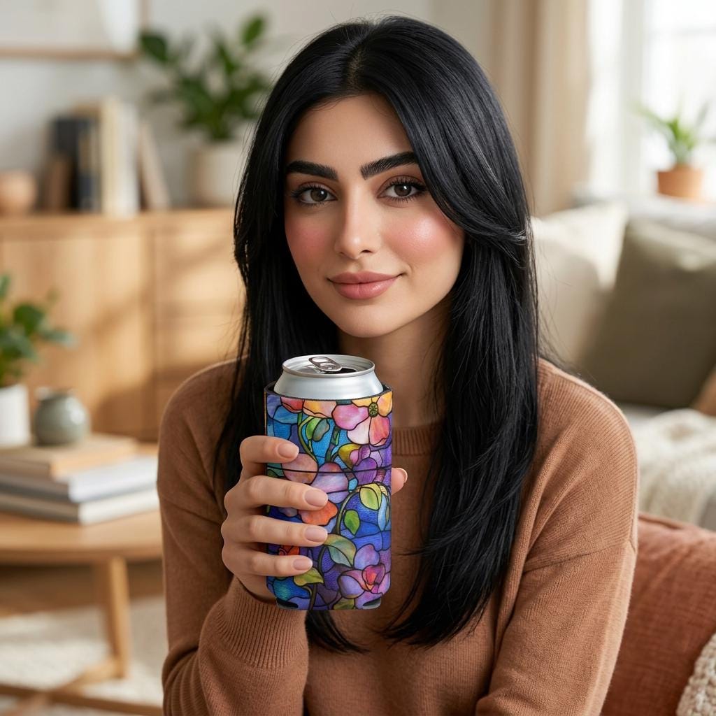 Stained Glass Floral Can Cooler | Artful Flower Pattern Drink Sleeve