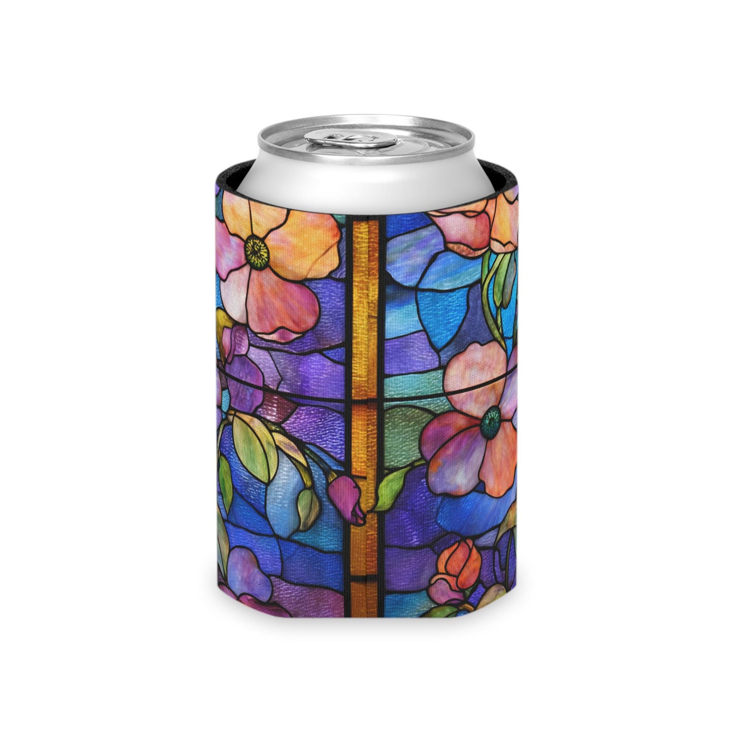 Stained Glass Floral Can Cooler | Artful Flower Pattern Drink Sleeve