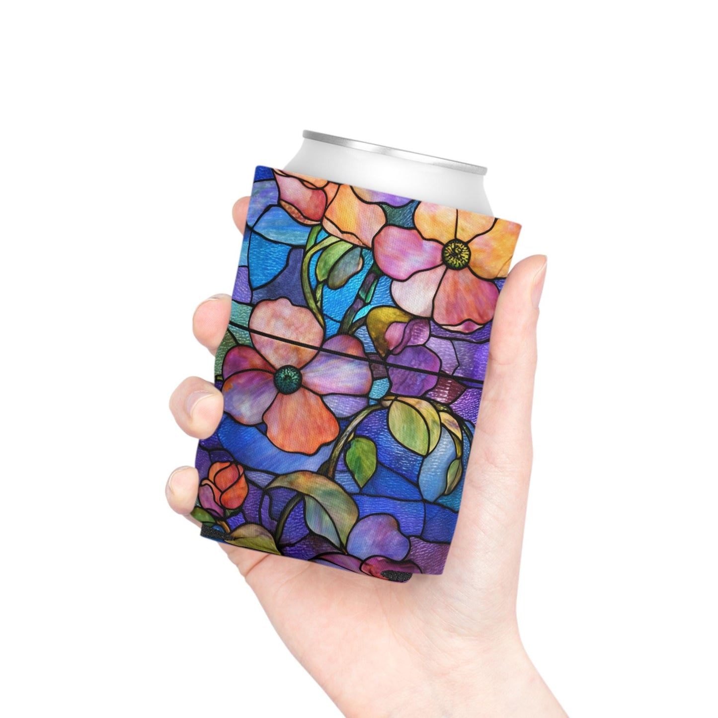 Stained Glass Floral Can Cooler | Artful Flower Pattern Drink Sleeve