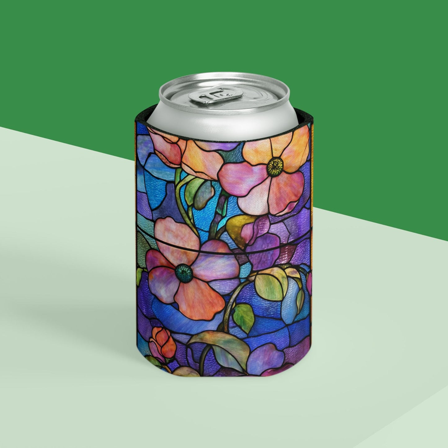 Stained Glass Floral Can Cooler | Artful Flower Pattern Drink Sleeve