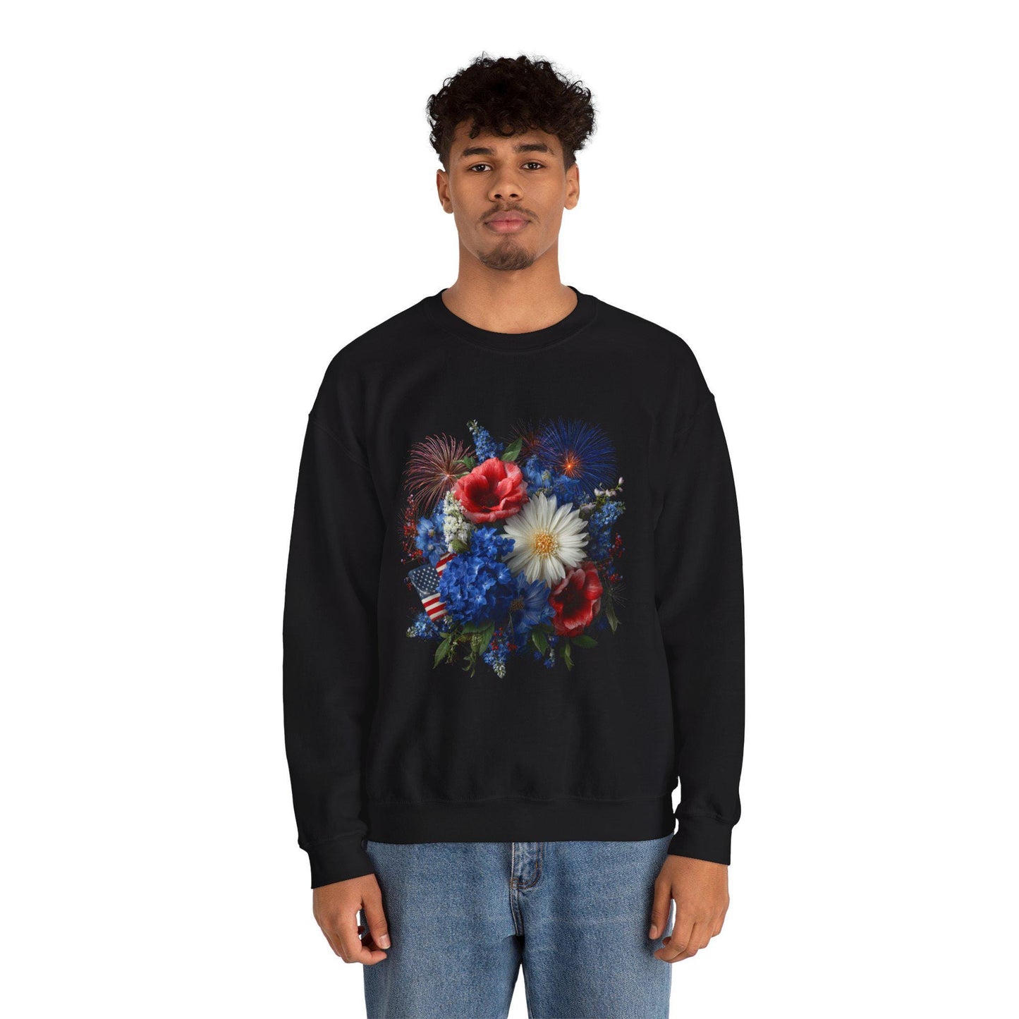 Patriotic Floral Bouquet Sweatshirt | Red White Blue Poppies Daisies