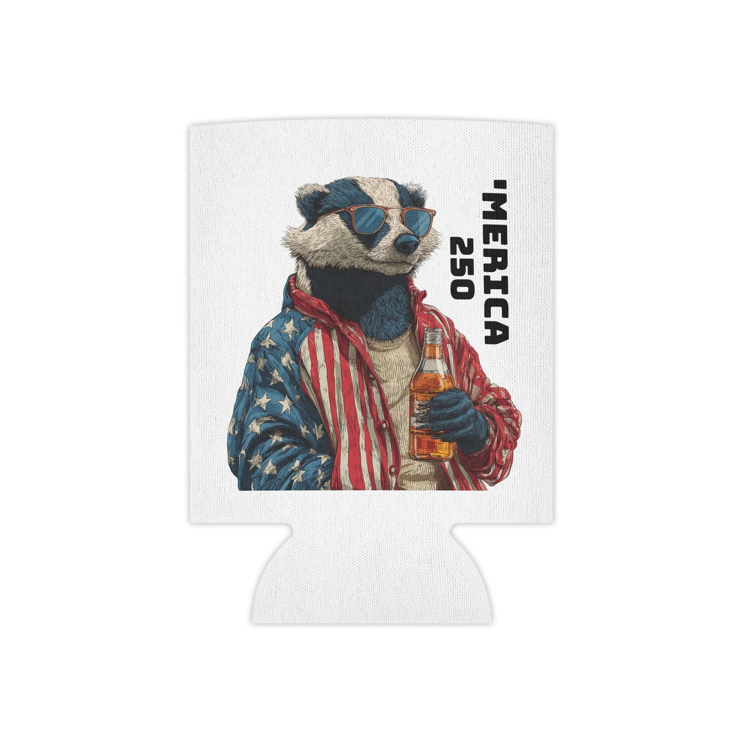 Patriotic Badger Holding Beer Can Cooler | 'Merica 250