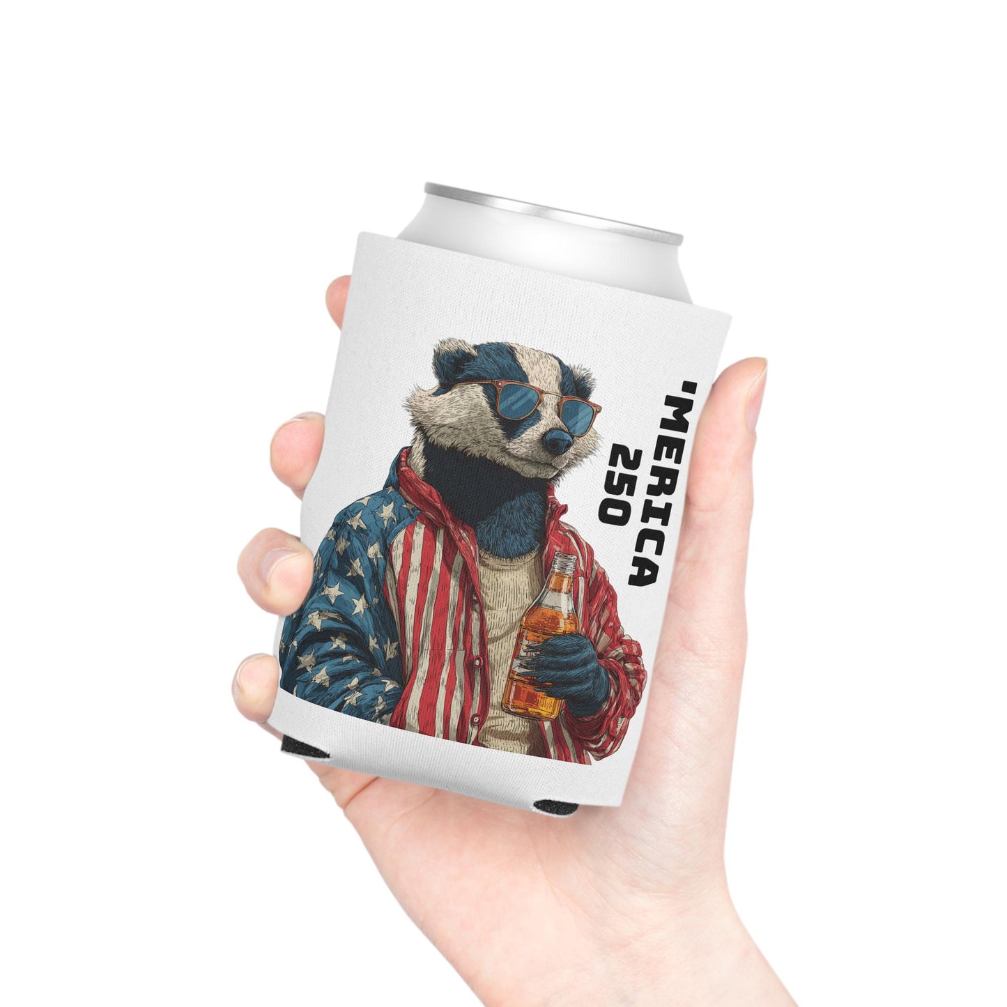 Patriotic Badger Holding Beer Can Cooler | 'Merica 250