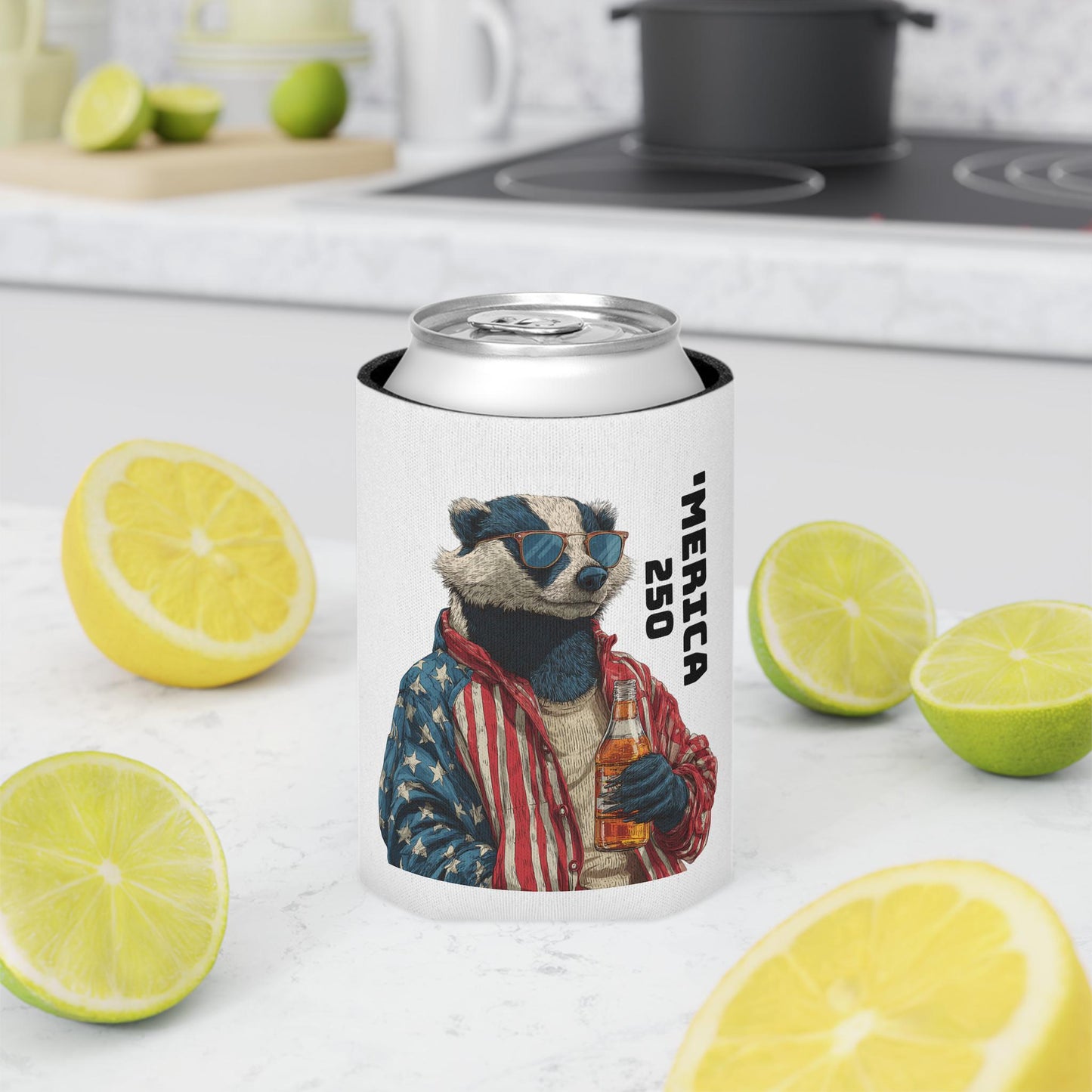 Patriotic Badger Holding Beer Can Cooler | 'Merica 250