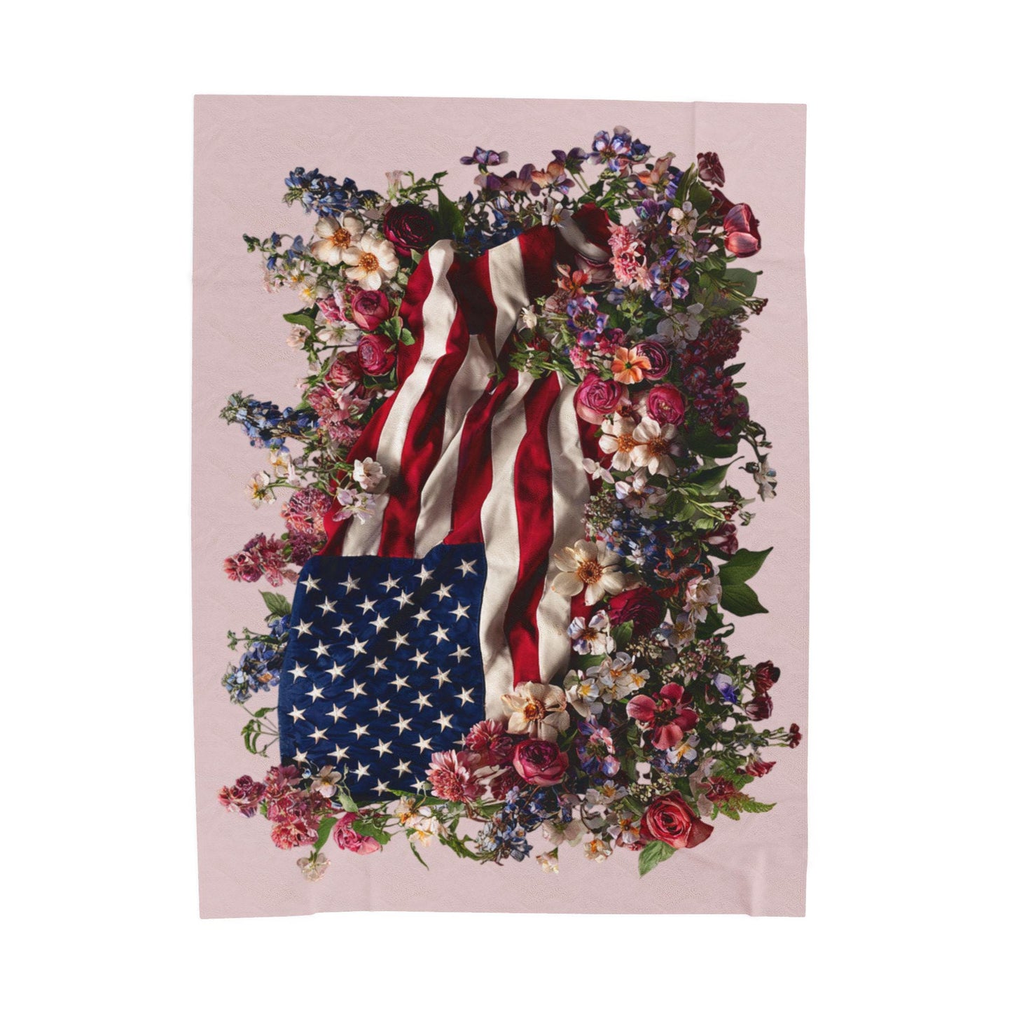 American Flag with Floral Wreath Velveteen Plush Blanket